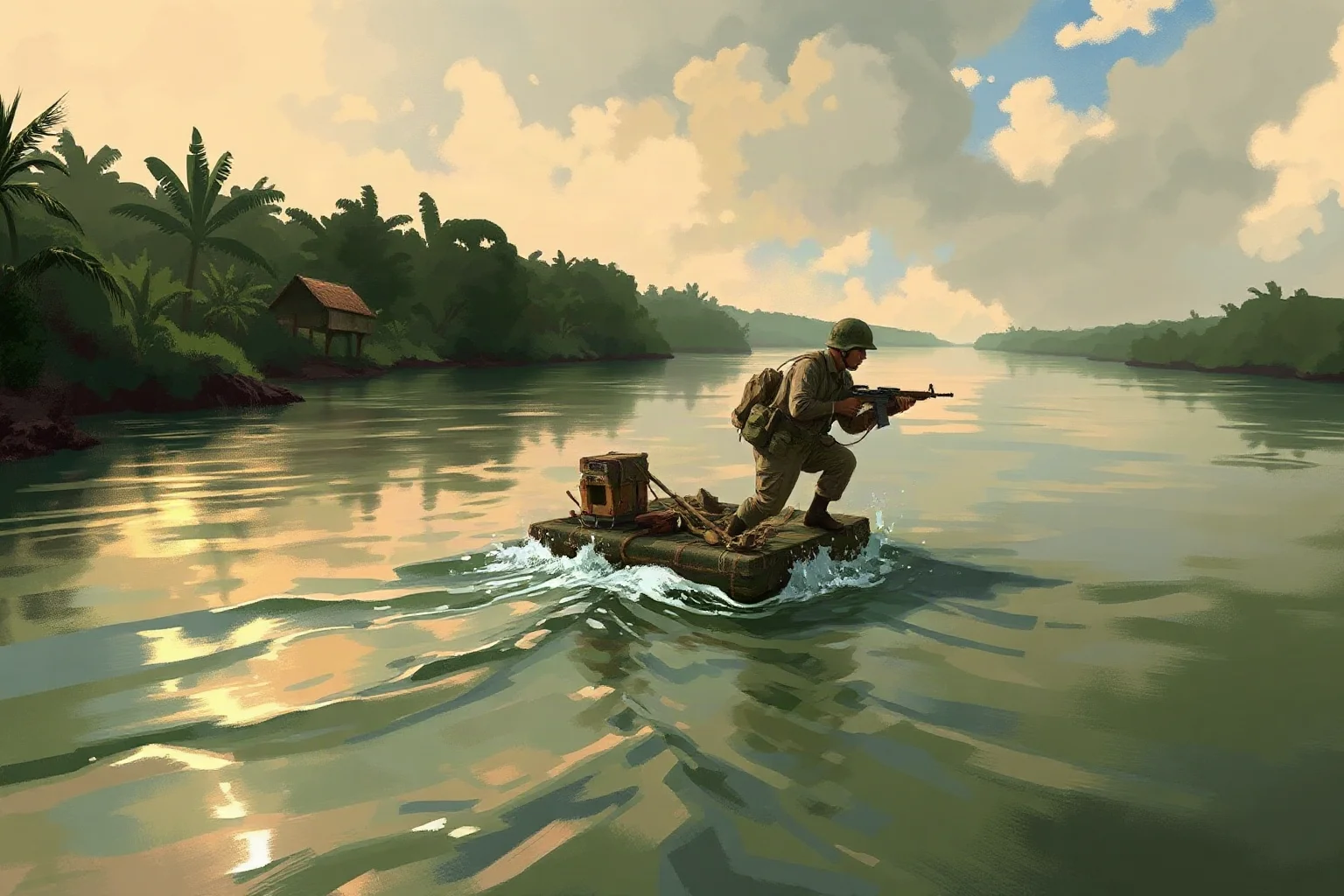 Illustrated painting of a Vietnam War soldier crossing a river on a makeshift raft under fire to rescue wounded soldiers on the far bank