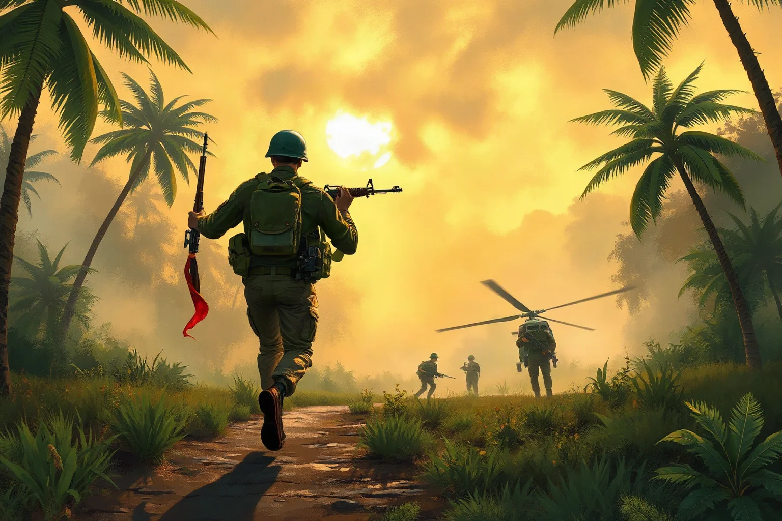 Illustrated painting of a Vietnam War soldier running unarmed toward a smoke-filled jungle clearing to rescue wounded comrades near a helicopter