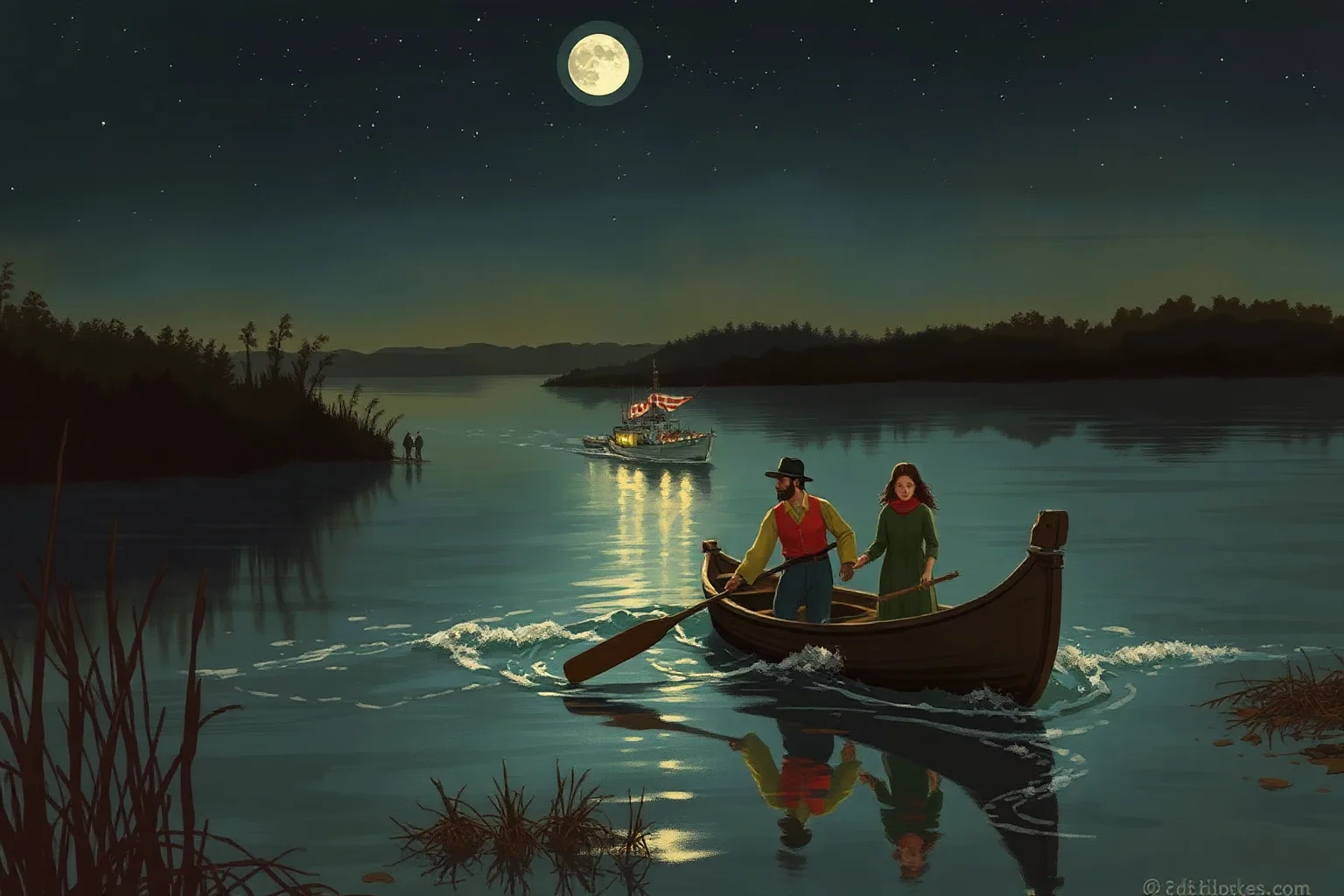 Illustrated painting of a woman in period clothing leading a nighttime river raid with a small rowboat of freed civilians during the American Civil War
