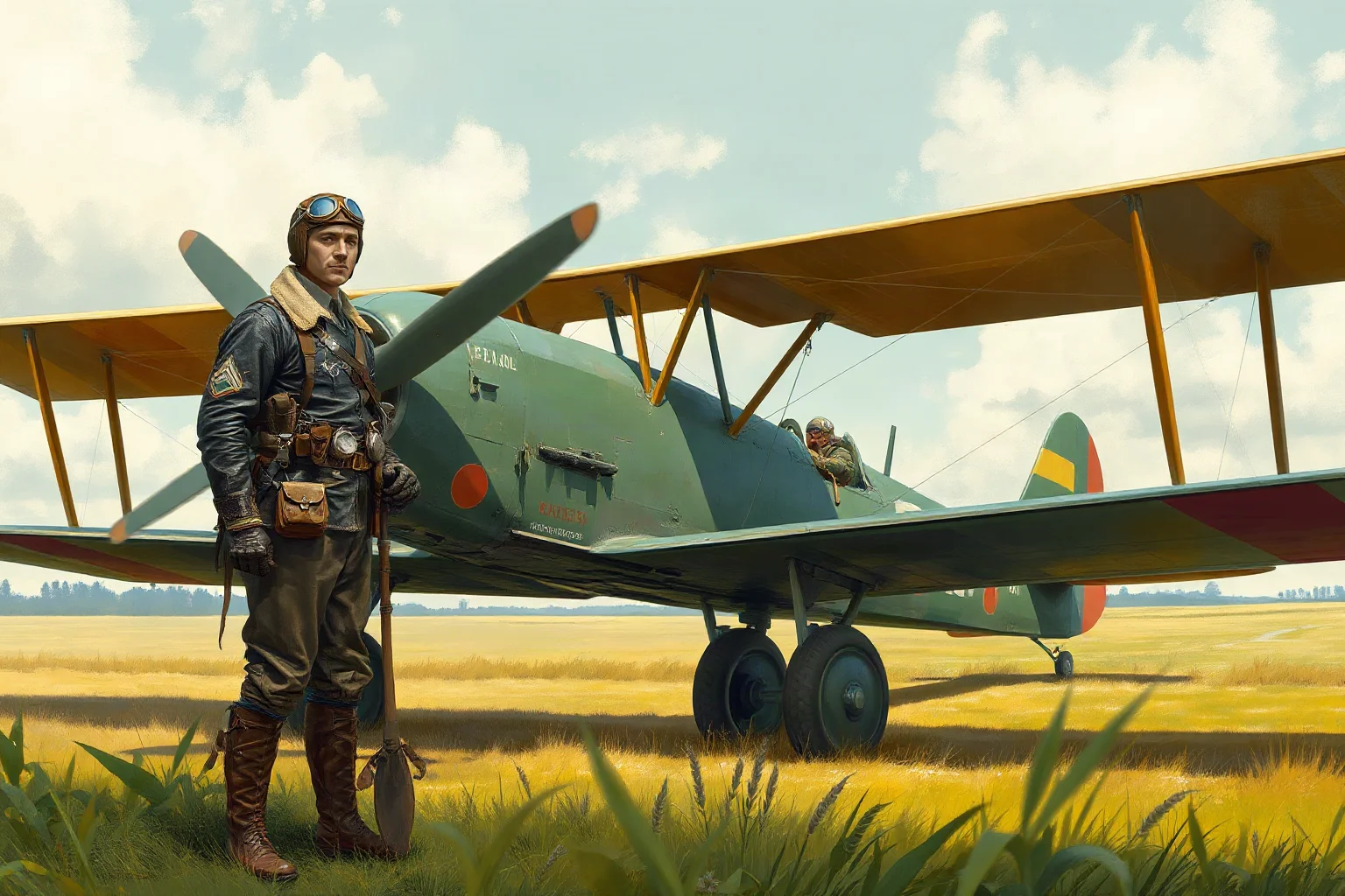 Illustrated painting of a World War I biplane pilot in leather flight gear standing beside his aircraft on a grass airfield, historical art style