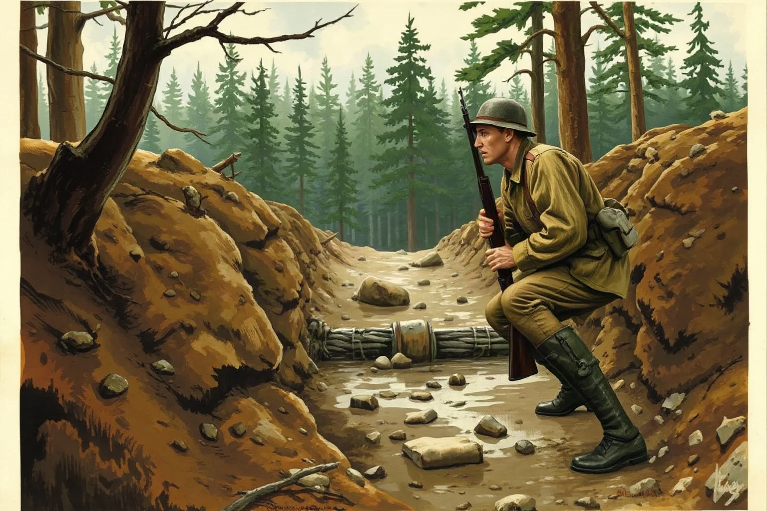 Illustrated painting of a World War I doughboy soldier alone in a muddy trench with a rifle, Meuse-Argonne forest in the background, historical art style