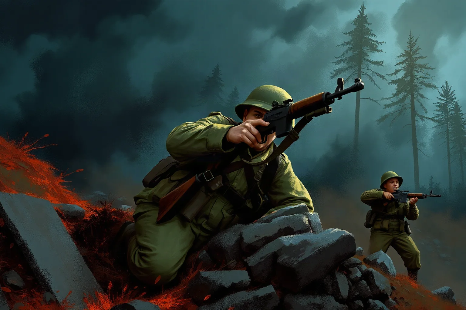 Illustrated painting of a World War I infantry soldier defending a trench position at night with a knife and rifle, dramatic historical art style