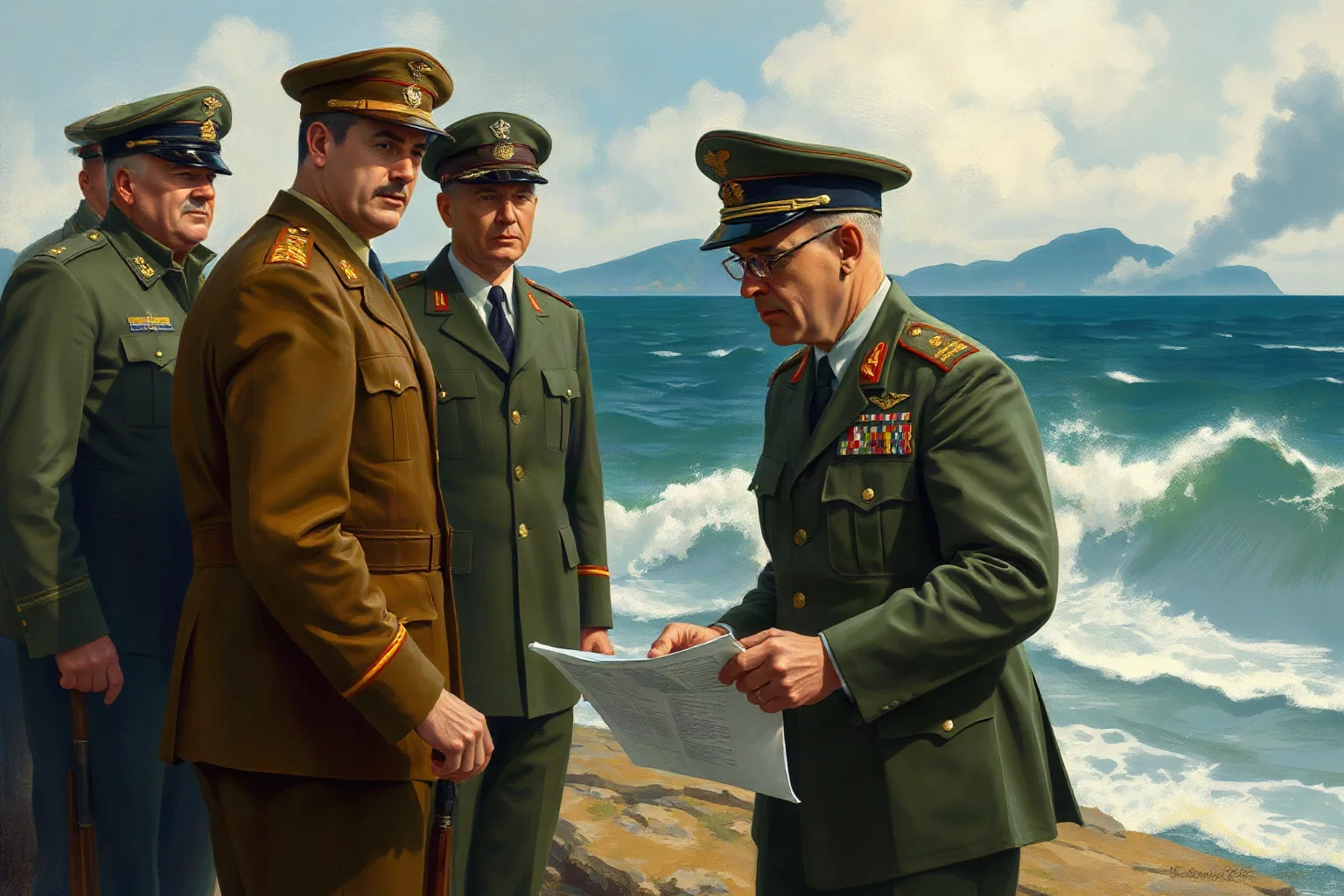 Illustrated painting of a World War II Allied general in uniform reviewing plans with officers near a coastline before an amphibious invasion