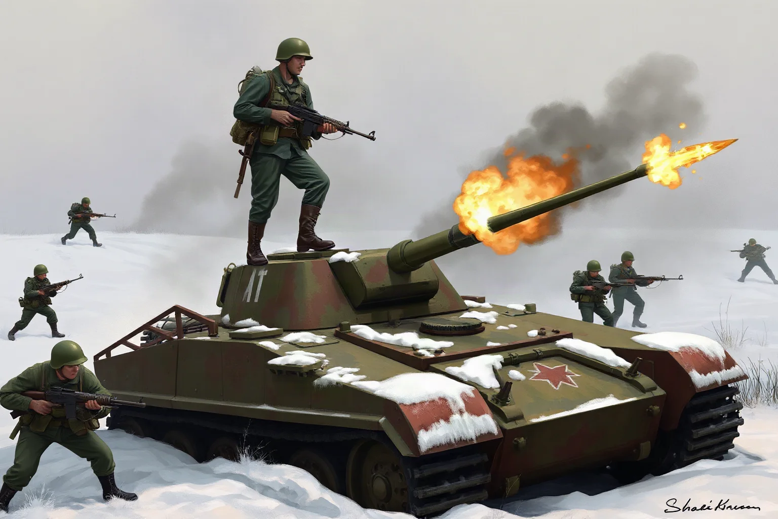 Illustrated painting of a World War II American soldier standing atop a disabled tank firing a machine gun at advancing enemy infantry in a snowy French field