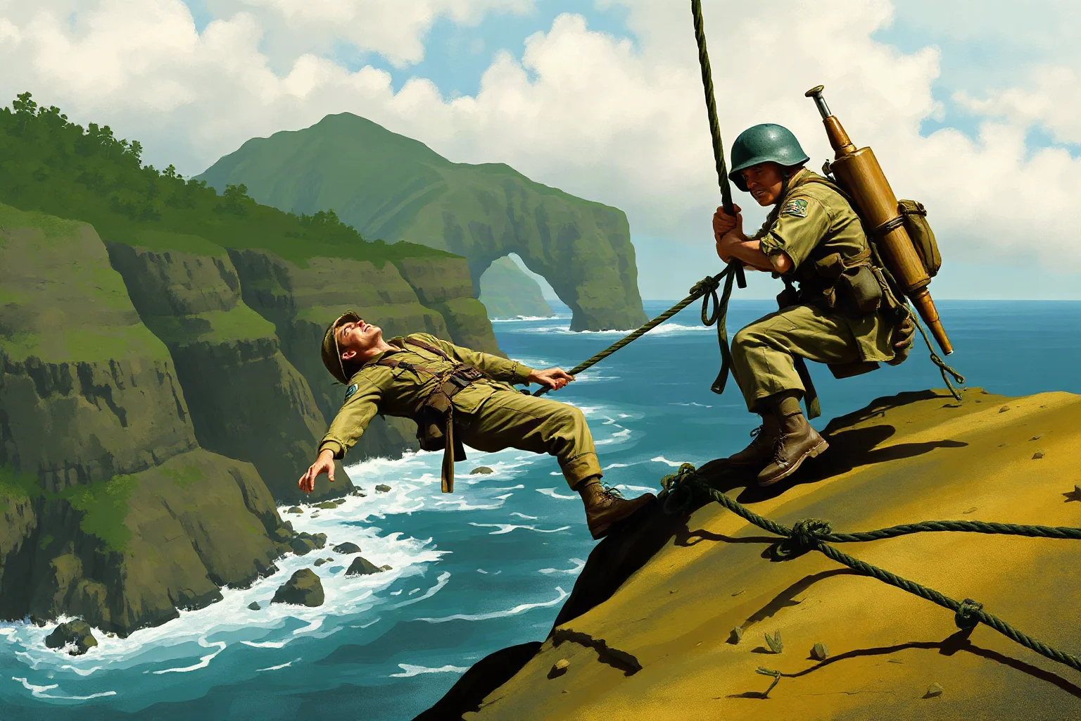Illustrated painting of a World War II combat medic lowering a wounded soldier down a rocky cliff using rope, Pacific island battlefield, historical art style