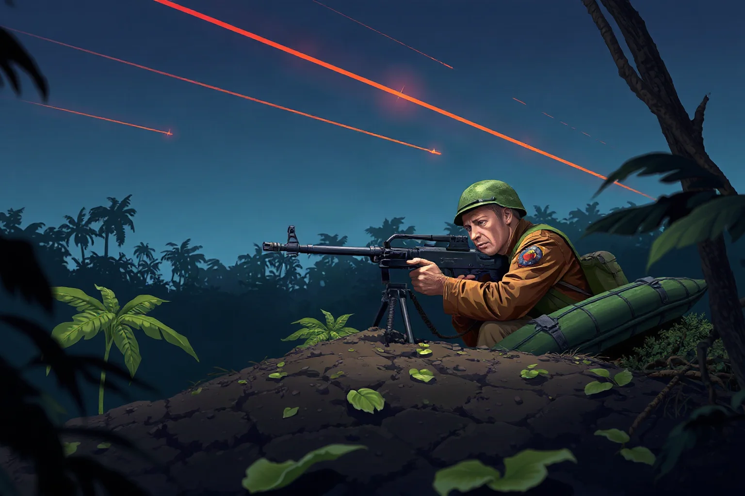 Illustrated painting of a World War II Marine manning a machine gun position in a jungle foxhole at night, tracer fire in the sky