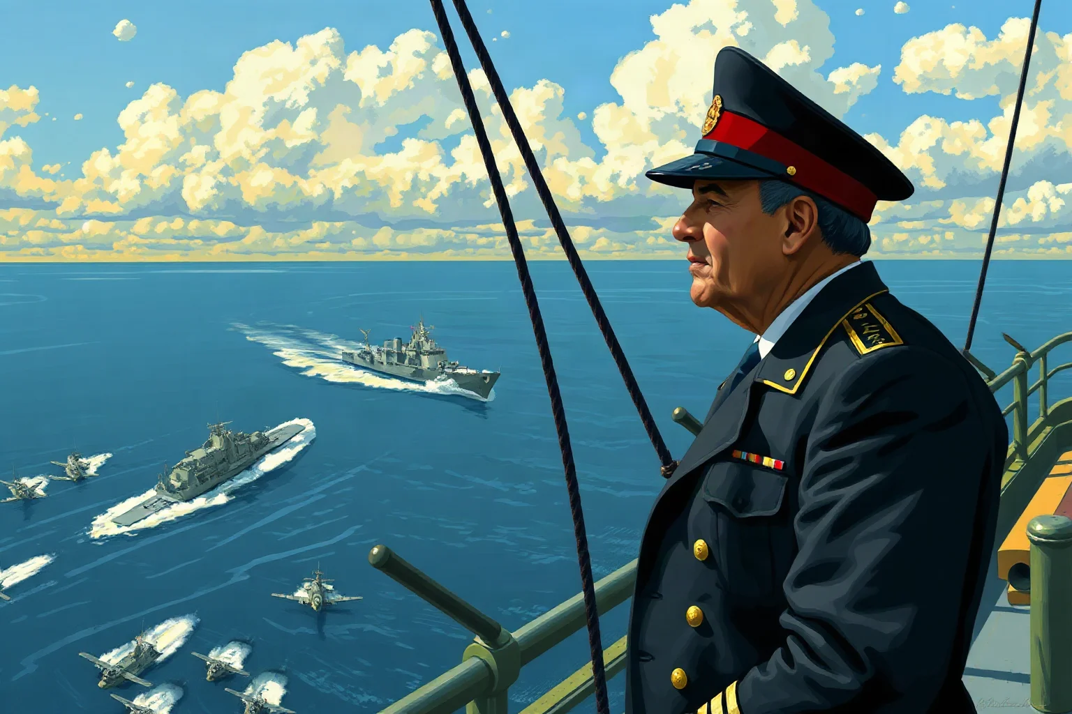 Illustrated painting of a World War II naval admiral standing on a ship's bridge overlooking a Pacific fleet at sea