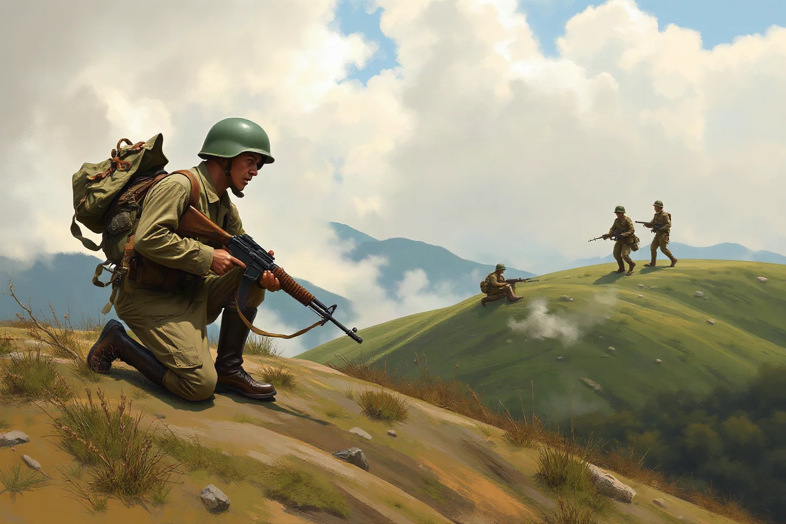 Illustrated painting of a wounded Korean War soldier defending a hilltop position alone as his unit withdraws in the background