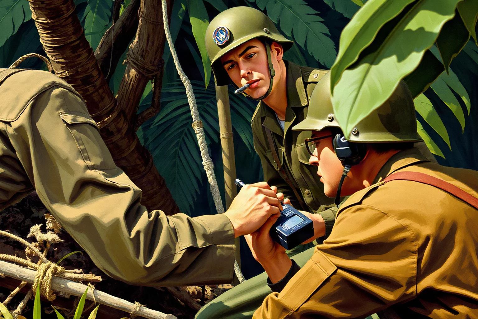 Illustrated painting of two World War II soldiers operating a portable radio in a jungle setting, Pacific theater, historical art style