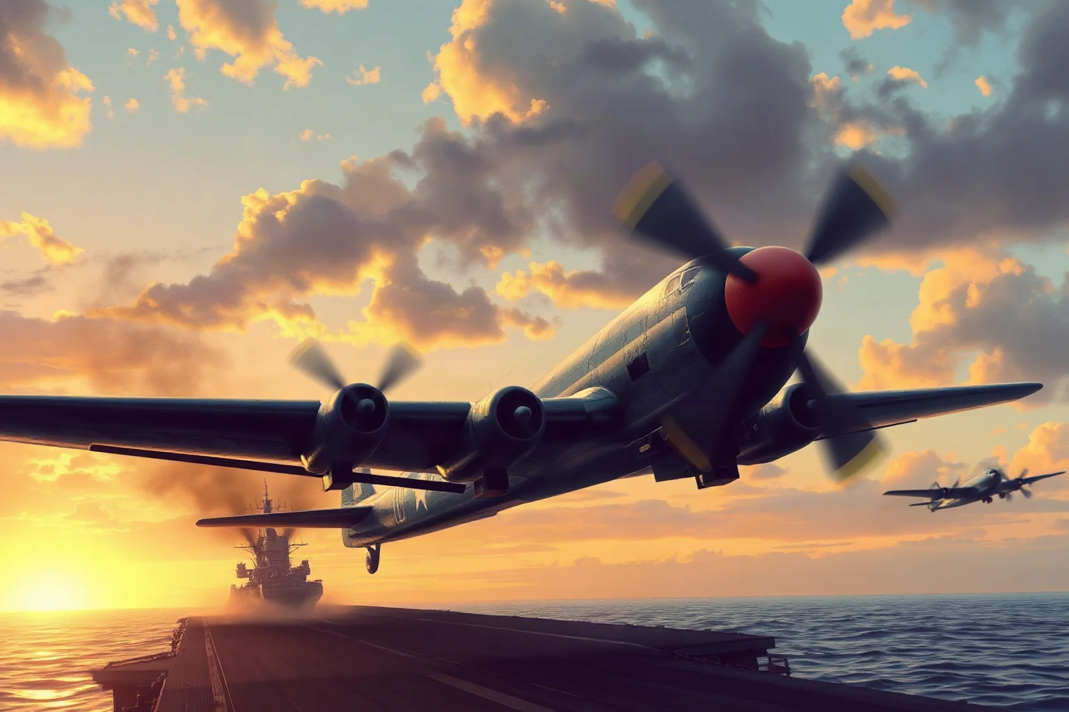 Illustrated painting of World War II bomber aircraft taking off from an aircraft carrier deck at dawn, historical art style