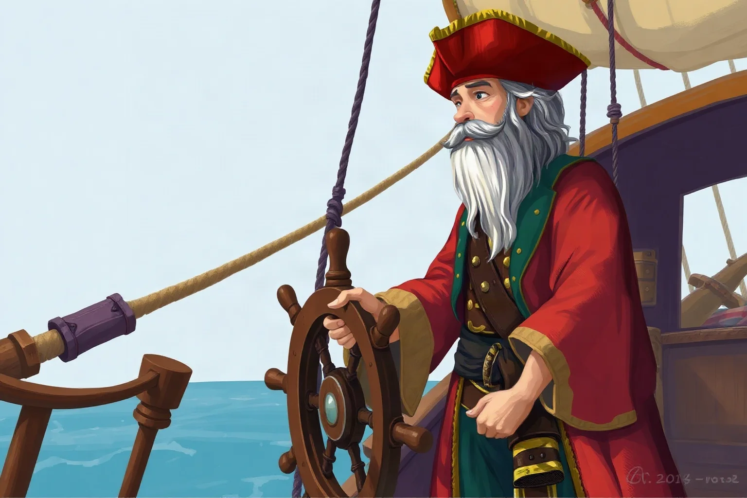 Illustrated pirate captain in colorful calico patterned clothing standing at the helm of a wooden sailing ship, painterly style
