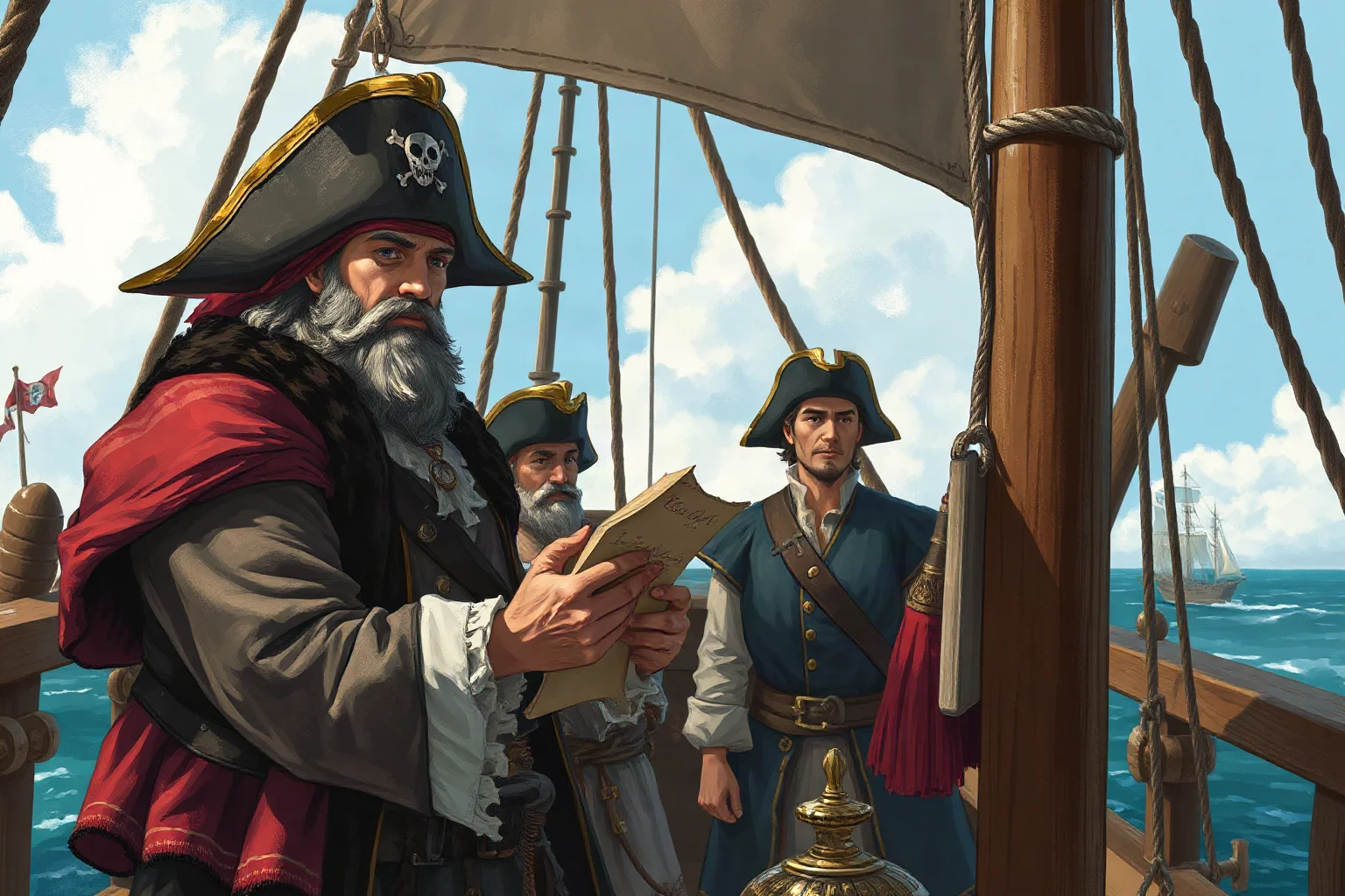 Illustrated pirate captain reading a handwritten code of conduct on parchment aboard a ship, crew gathered around, painterly style
