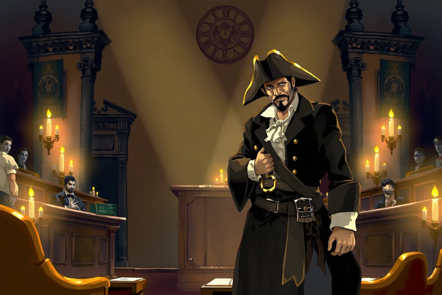 Illustrated pirate captain standing before a courtroom tribunal in old London, dramatic candlelit atmosphere, painterly style
