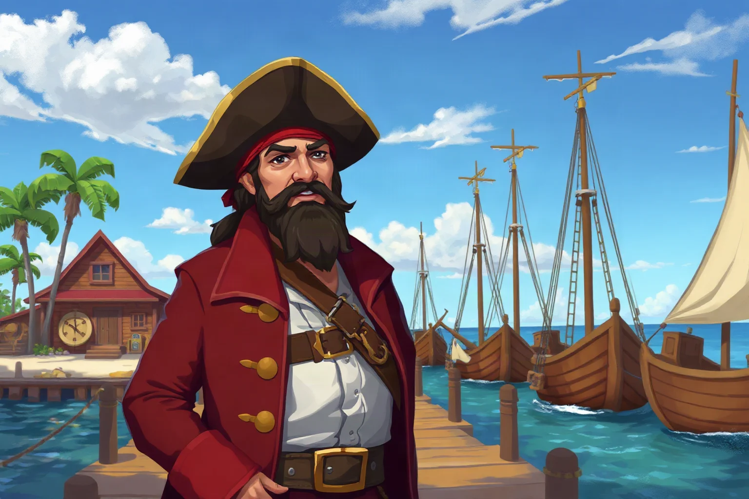 Illustrated pirate captain standing on a Bahamas dock lined with anchored ships and wooden buildings, painterly style