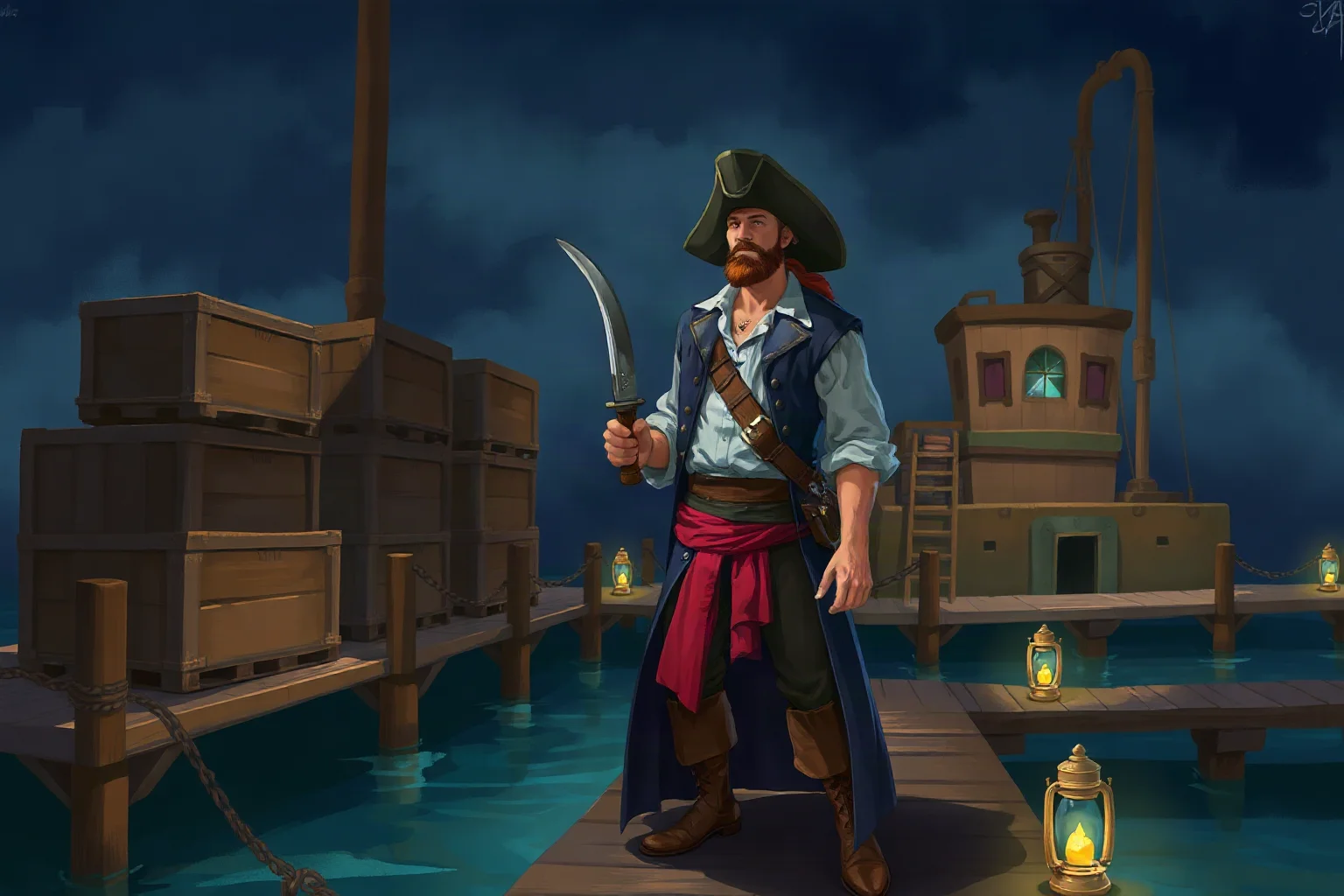 Illustrated pirate captain standing on a bayou dock surrounded by crates and lantern light, Gulf Coast atmosphere, painterly style
