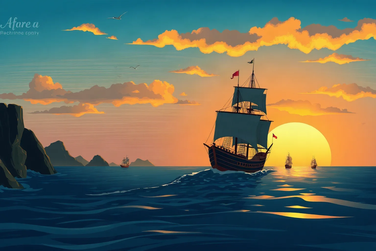 Illustrated pirate ship sailing past the African coastline at sunrise, small boats trailing behind, painterly style
