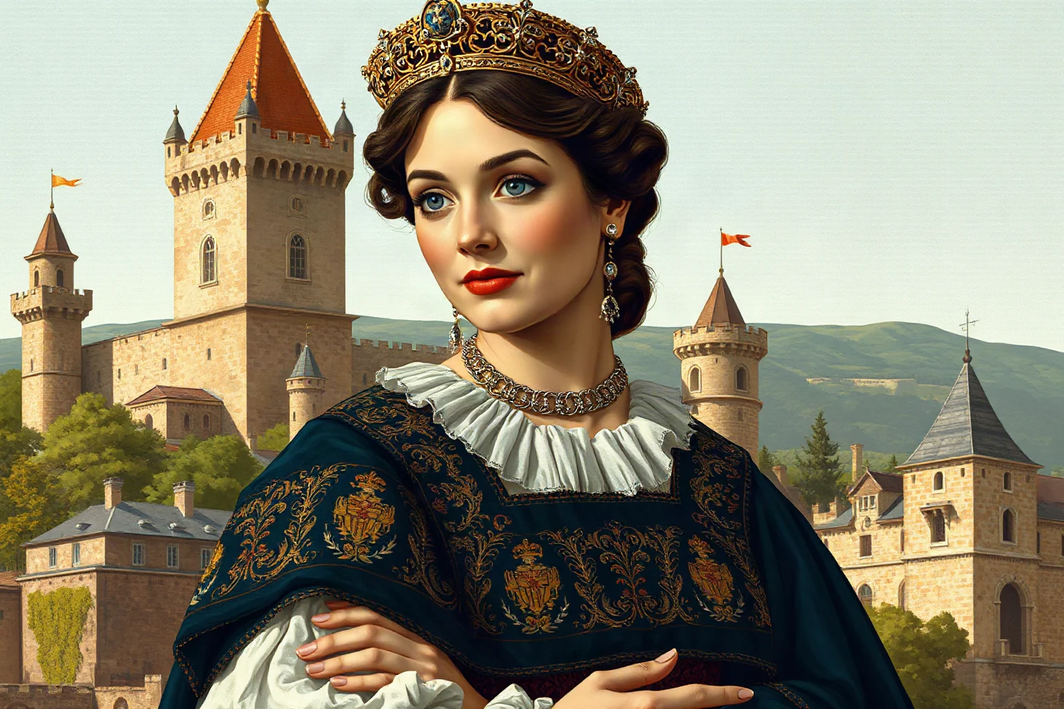 Illustrated portrait of a 15th-century Spanish queen in royal medieval attire with a castle backdrop, tapestry-style art, not photorealistic