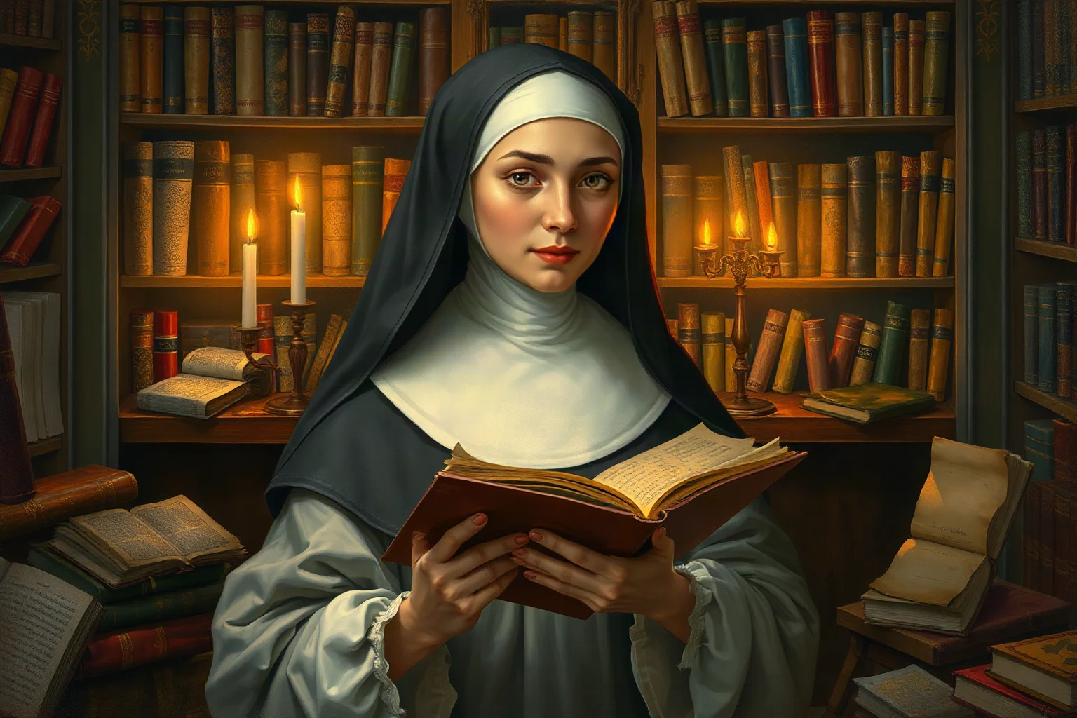 Illustrated portrait of a 17th-century colonial nun surrounded by books and manuscripts in a candlelit library, baroque painting style