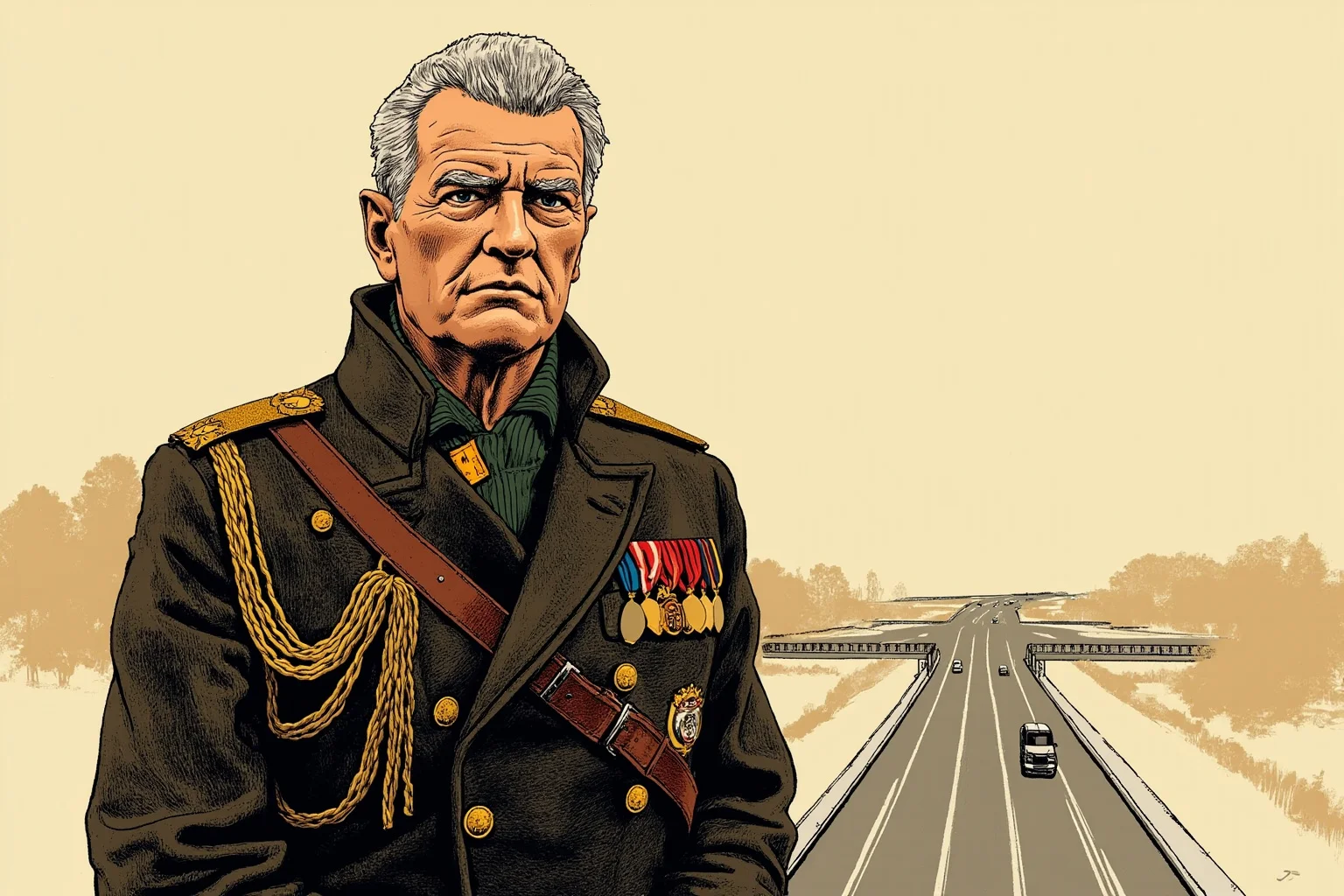 Most Influential US Presidents: A Ranked, Myth-Busting Guide 10 Illustrated portrait of a 1950s American president in military-style coat with medals, highway and cars faintly visible behind him
