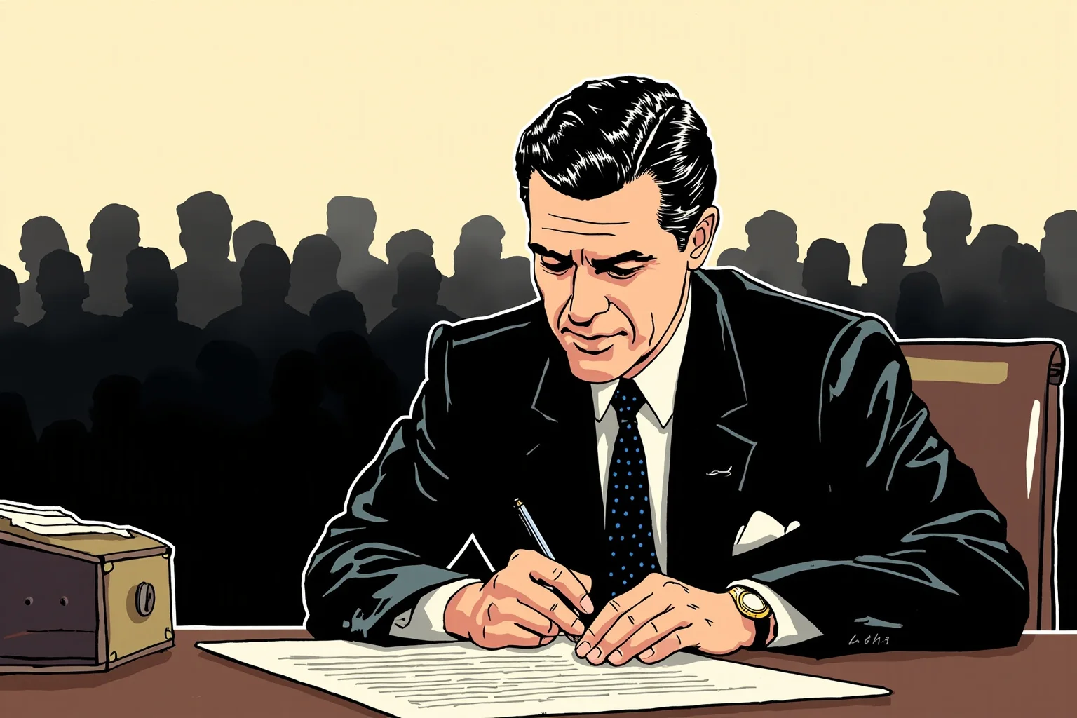 Most Influential US Presidents: A Ranked, Myth-Busting Guide 12 Illustrated portrait of a 1960s American president signing a document at a desk, with a crowd silhouette in the background