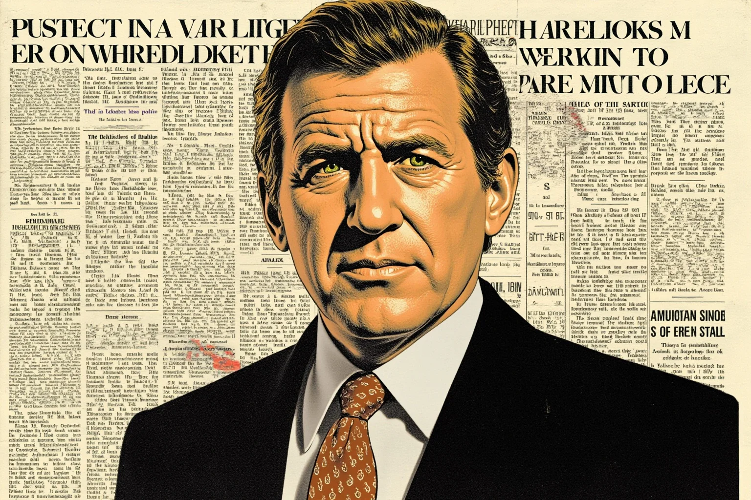 Most Influential US Presidents: A Ranked, Myth-Busting Guide 18 Illustrated portrait of a 1970s American president in a suit with a stern expression, faded newspaper headlines in background
