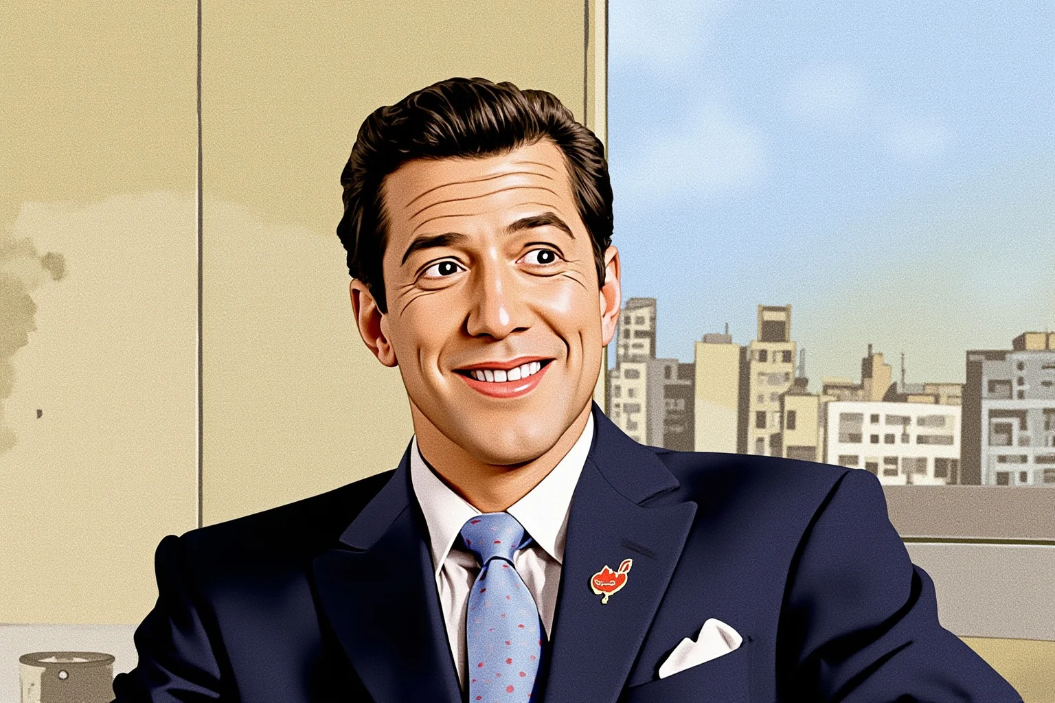 Most Influential US Presidents: A Ranked, Myth-Busting Guide 13 Illustrated portrait of a 1980s American president smiling in a suit, with a faded wall and cityscape in the background