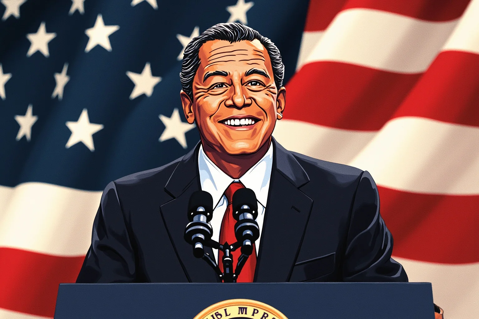 Most Influential US Presidents: A Ranked, Myth-Busting Guide 17 Illustrated portrait of a 1990s American president smiling at a podium, with an American flag backdrop