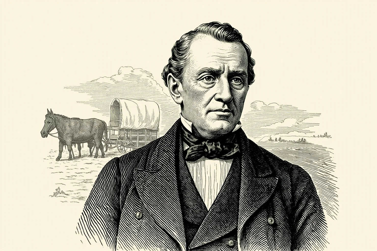 Most Influential US Presidents: A Ranked, Myth-Busting Guide 14 Illustrated portrait of a 19th-century American president in formal coat, with a covered wagon and western landscape behind him