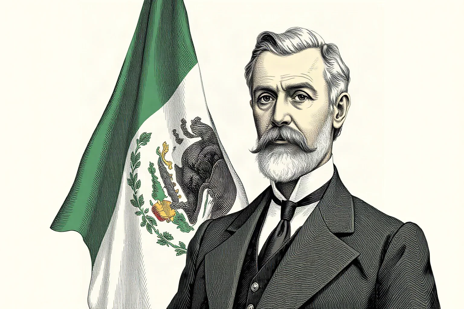 Illustrated portrait of a 19th-century Mexican statesman in formal dark suit standing before a national flag, engraving style