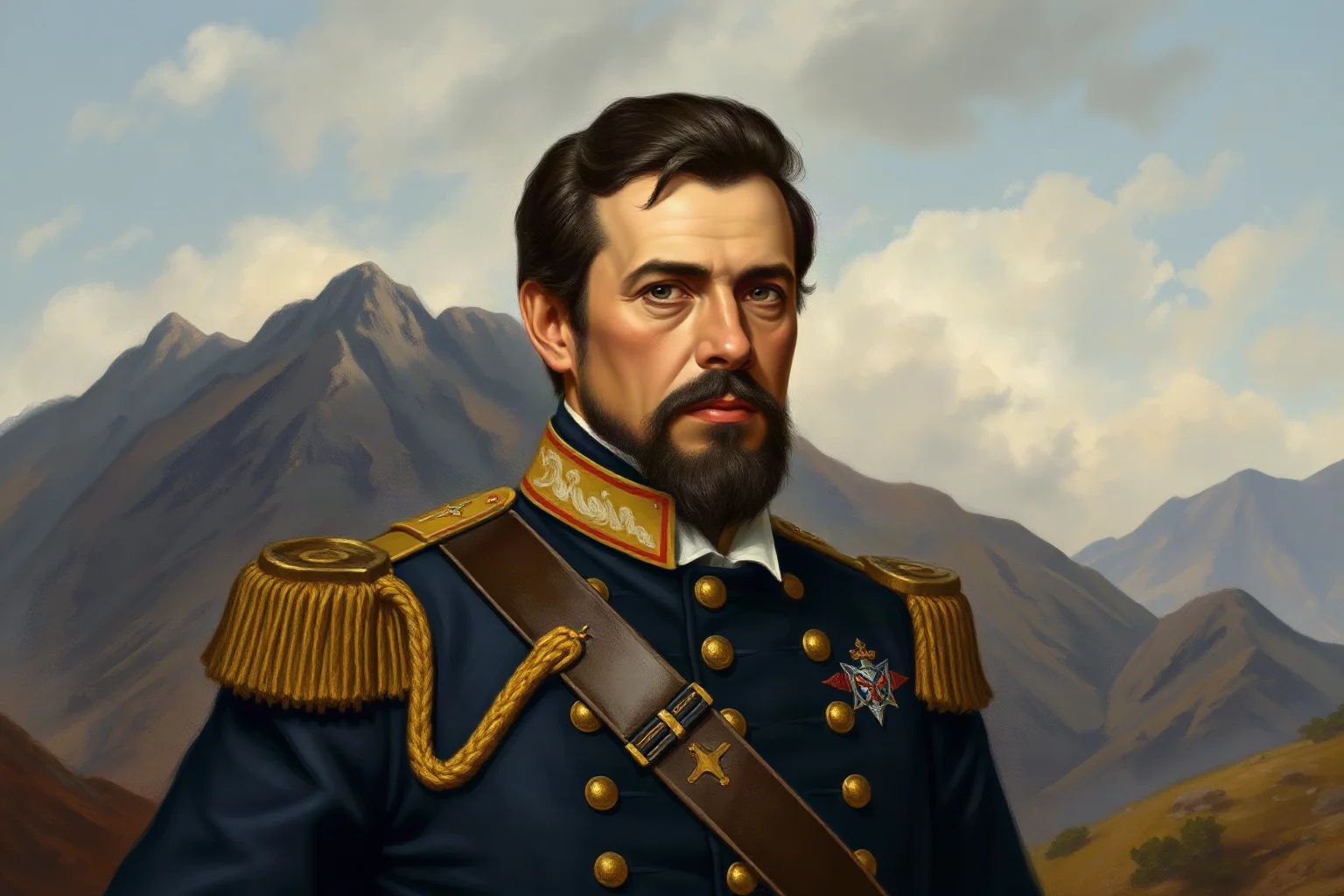 Illustrated portrait of a 19th-century South American general in a military coat with mountains in the background, oil-painting style