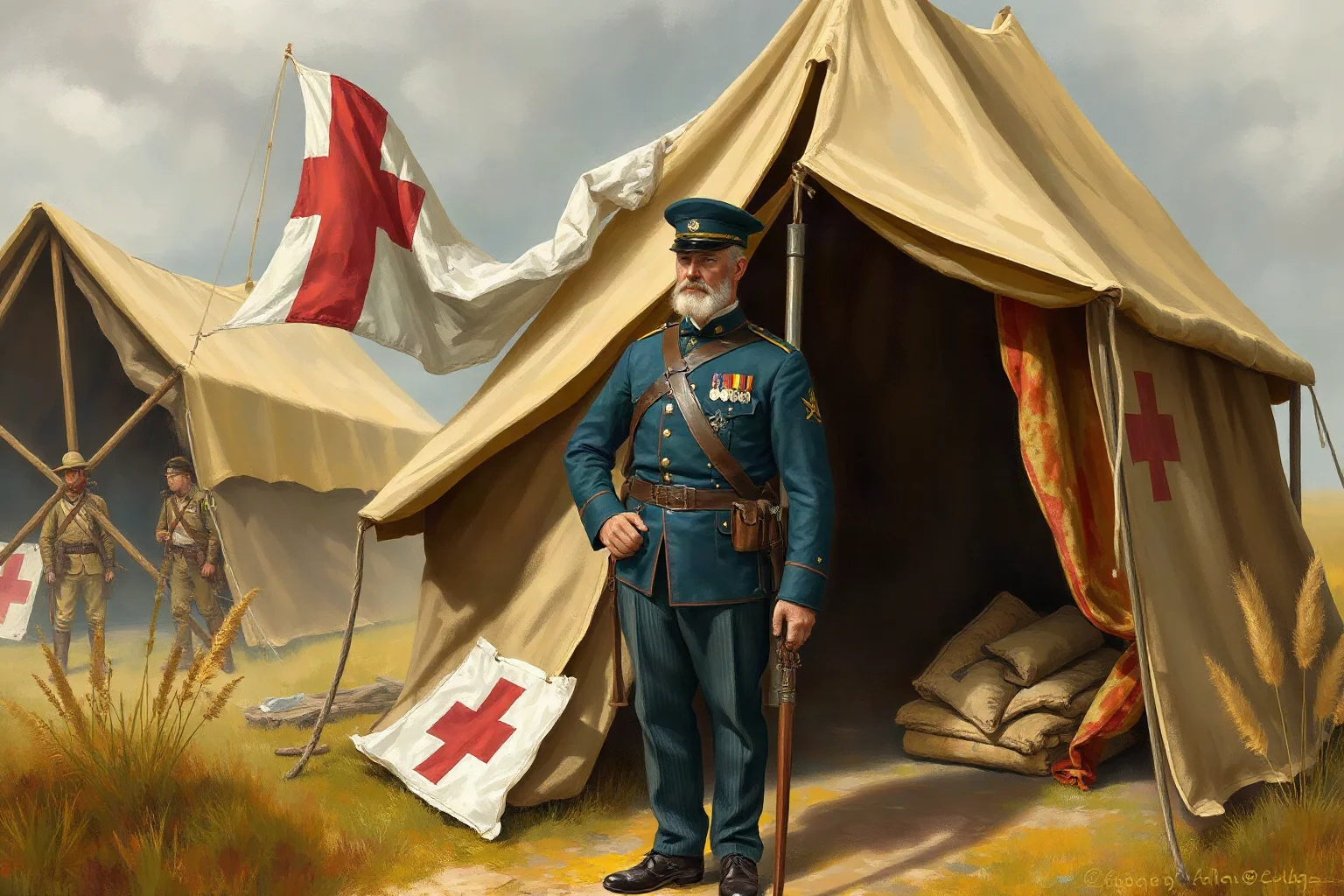 Illustrated portrait of a Civil War-era field surgeon in uniform standing outside a canvas medical tent, historical painting style
