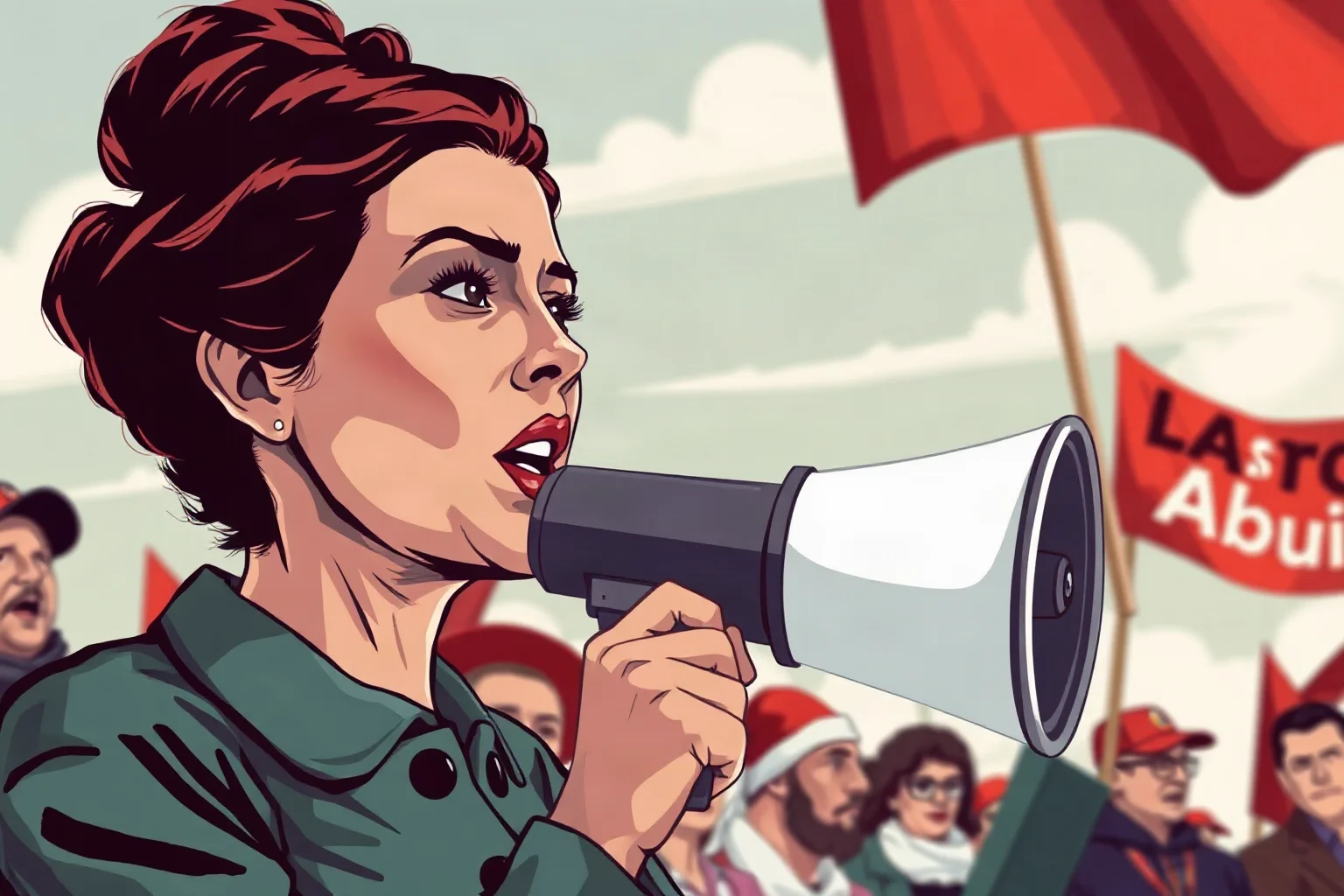 Illustrated portrait of a determined female labor organizer speaking through a megaphone at an outdoor rally, retro poster style