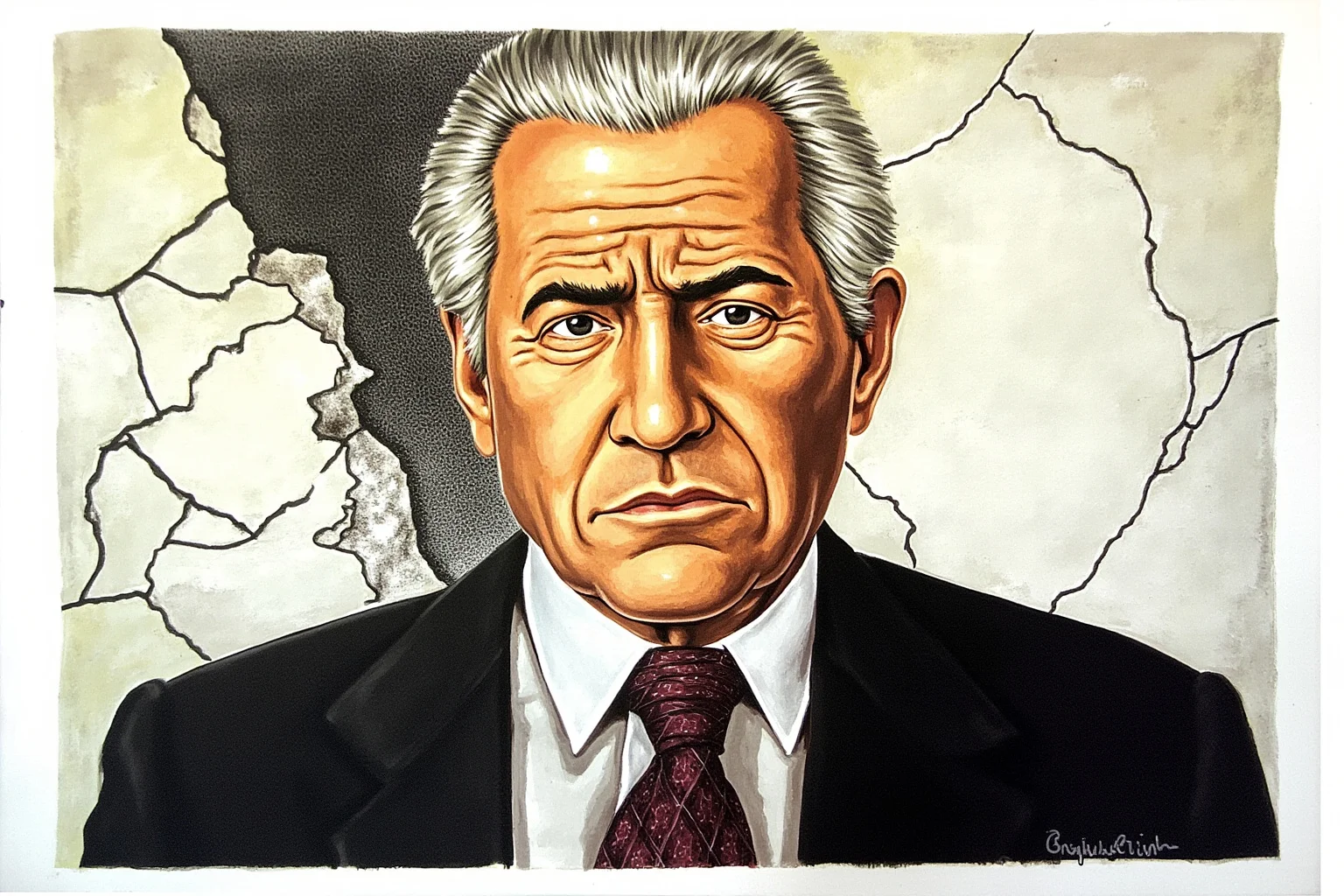Most Influential US Presidents: A Ranked, Myth-Busting Guide 21 Illustrated portrait of a late 1980s American president in a suit, with a crumbling wall motif in the background