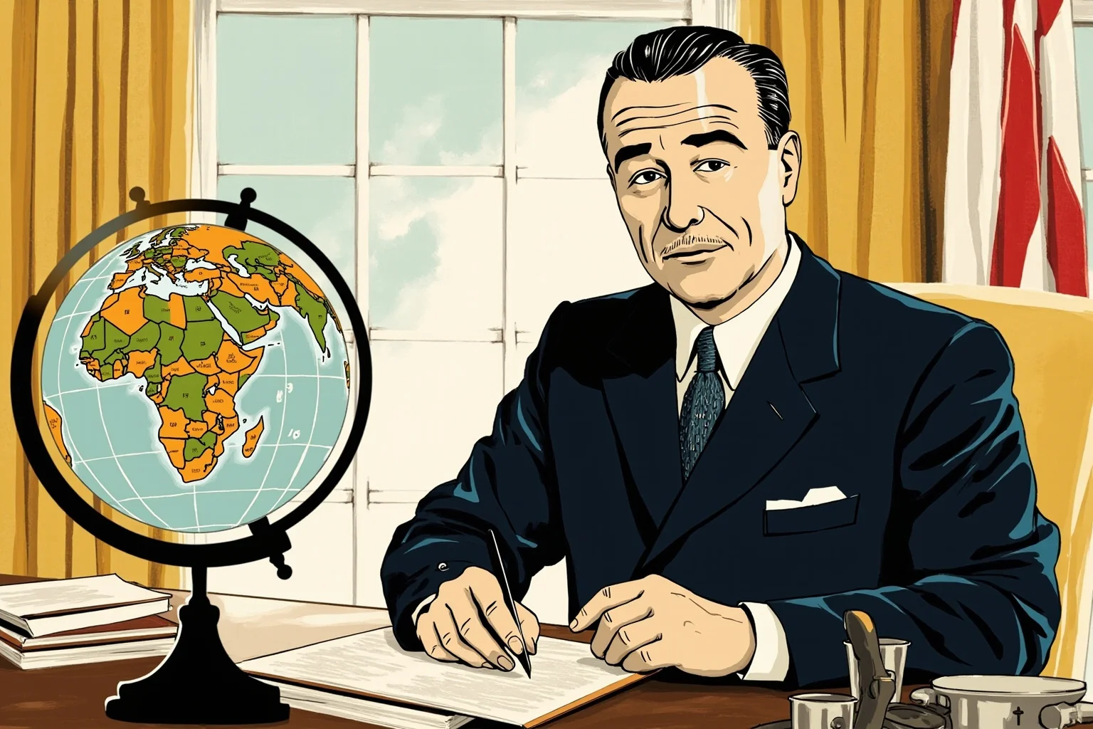 Most Influential US Presidents: A Ranked, Myth-Busting Guide 9 Illustrated portrait of a mid-20th-century American president in a suit at a desk, with a globe and world map nearby
