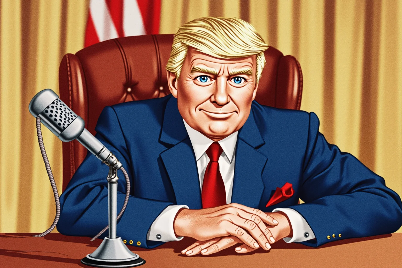 Most Influential US Presidents: A Ranked, Myth-Busting Guide 4 Illustrated portrait of a mid-20th-century American president in a suit, seated at a desk with an old radio microphone