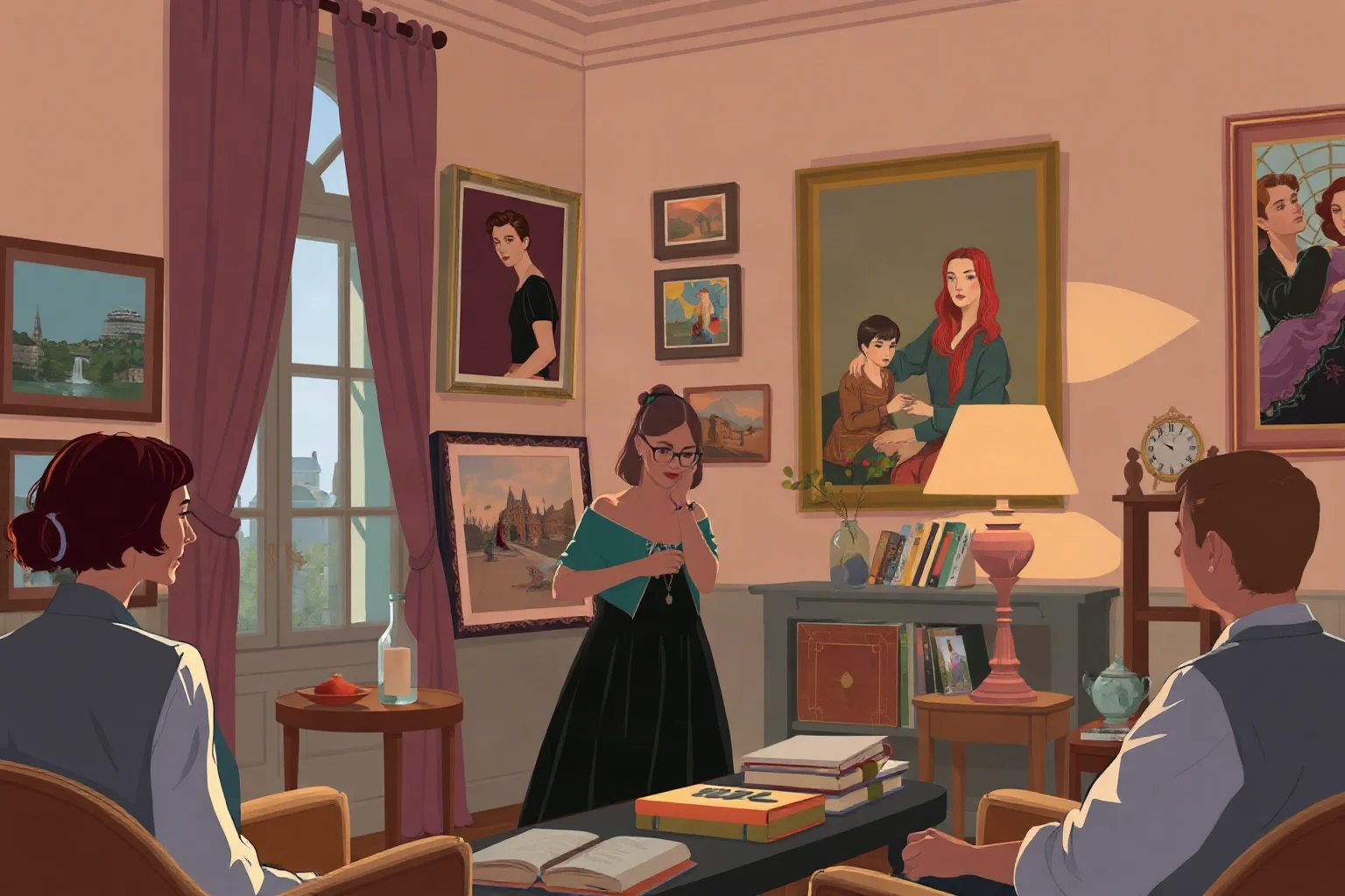 Illustrated portrait of a stylish 1920s female writer hosting a salon gathering in an art-filled Paris apartment, warm lamp light