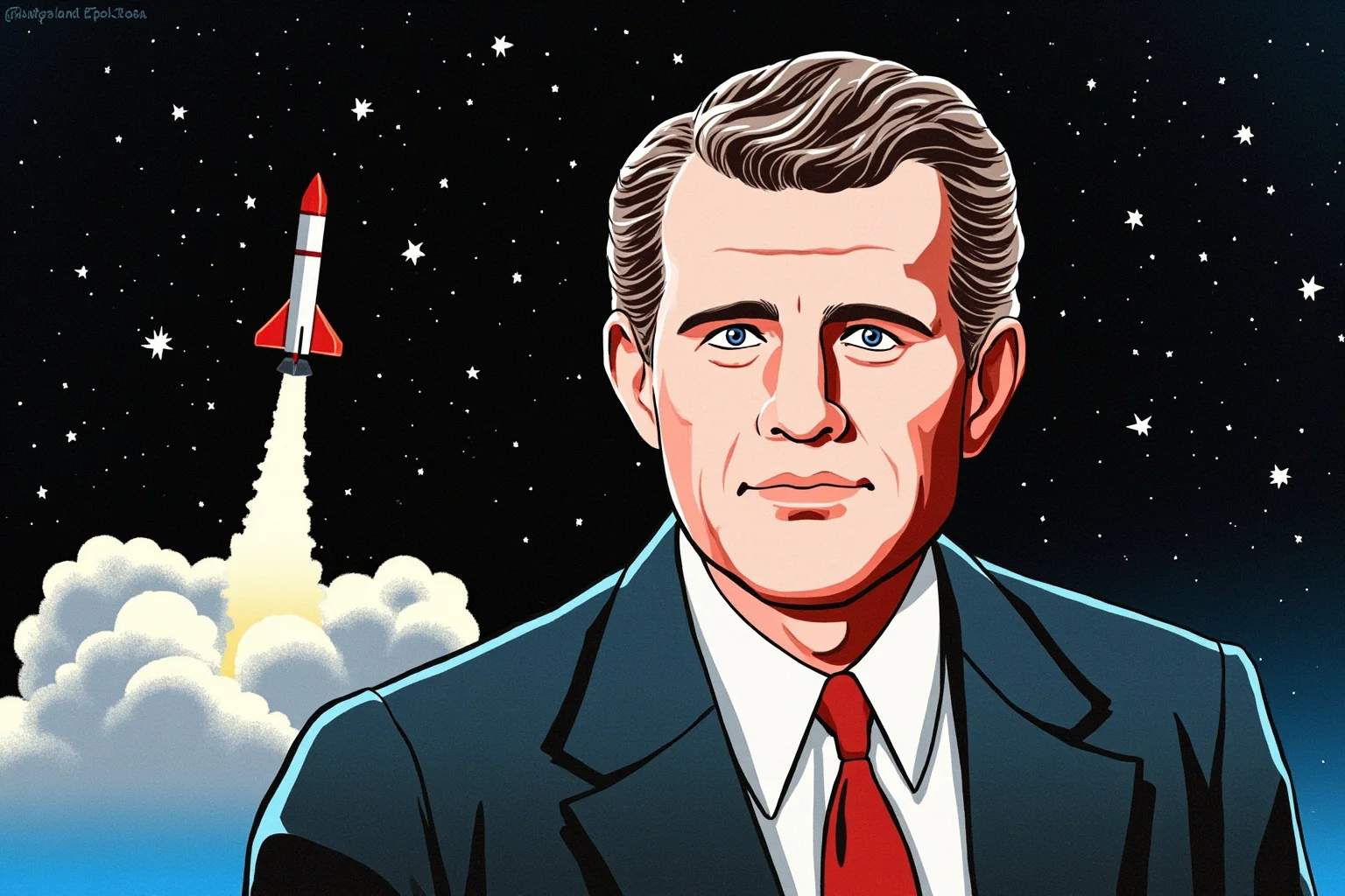 Most Influential US Presidents: A Ranked, Myth-Busting Guide 11 Illustrated portrait of a youthful 1960s American president in a suit, with a rocket and starry sky in the background