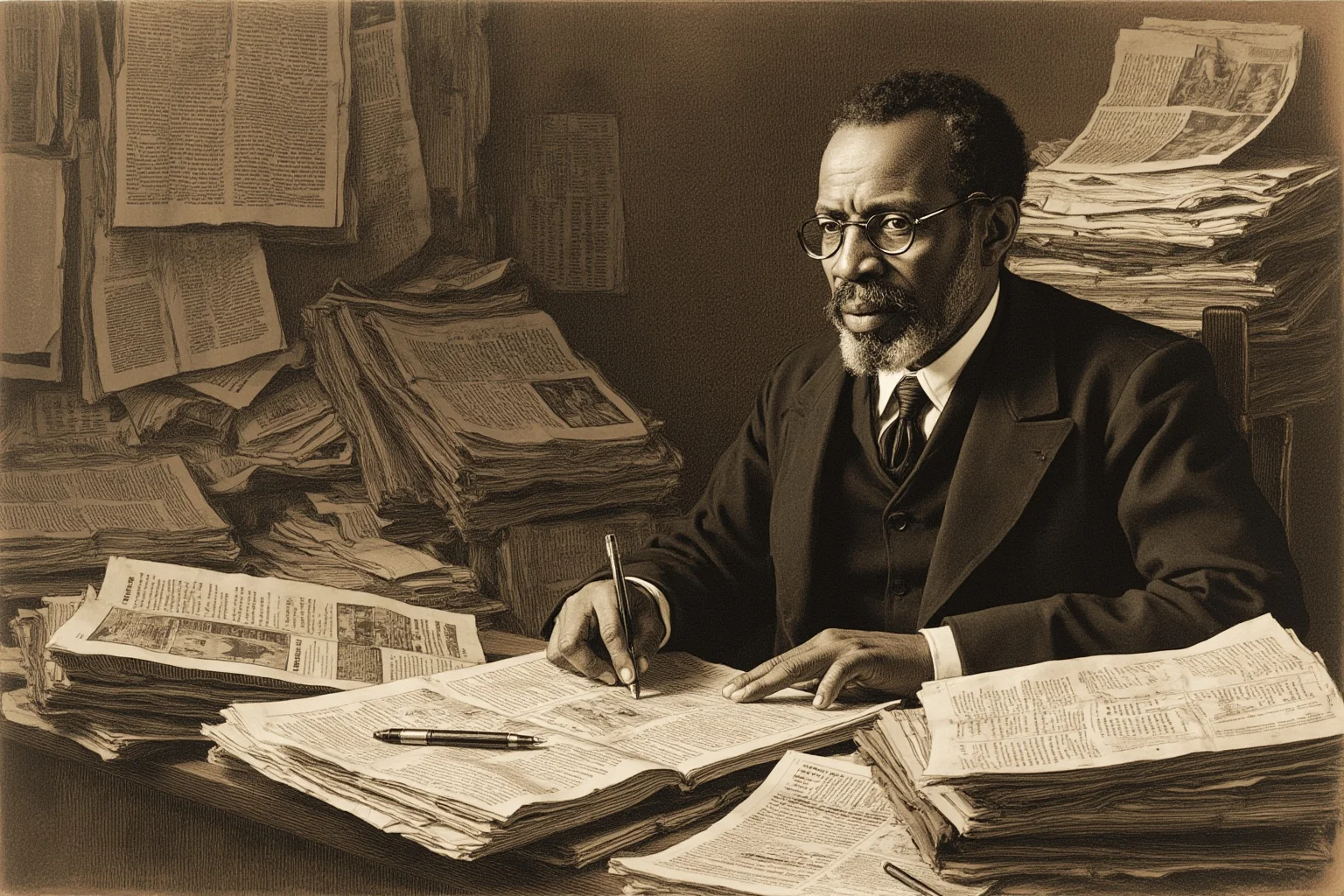 Illustrated portrait of an early 1900s Black male scholar and editor at a cluttered desk covered in newspapers and magazines, sepia tones