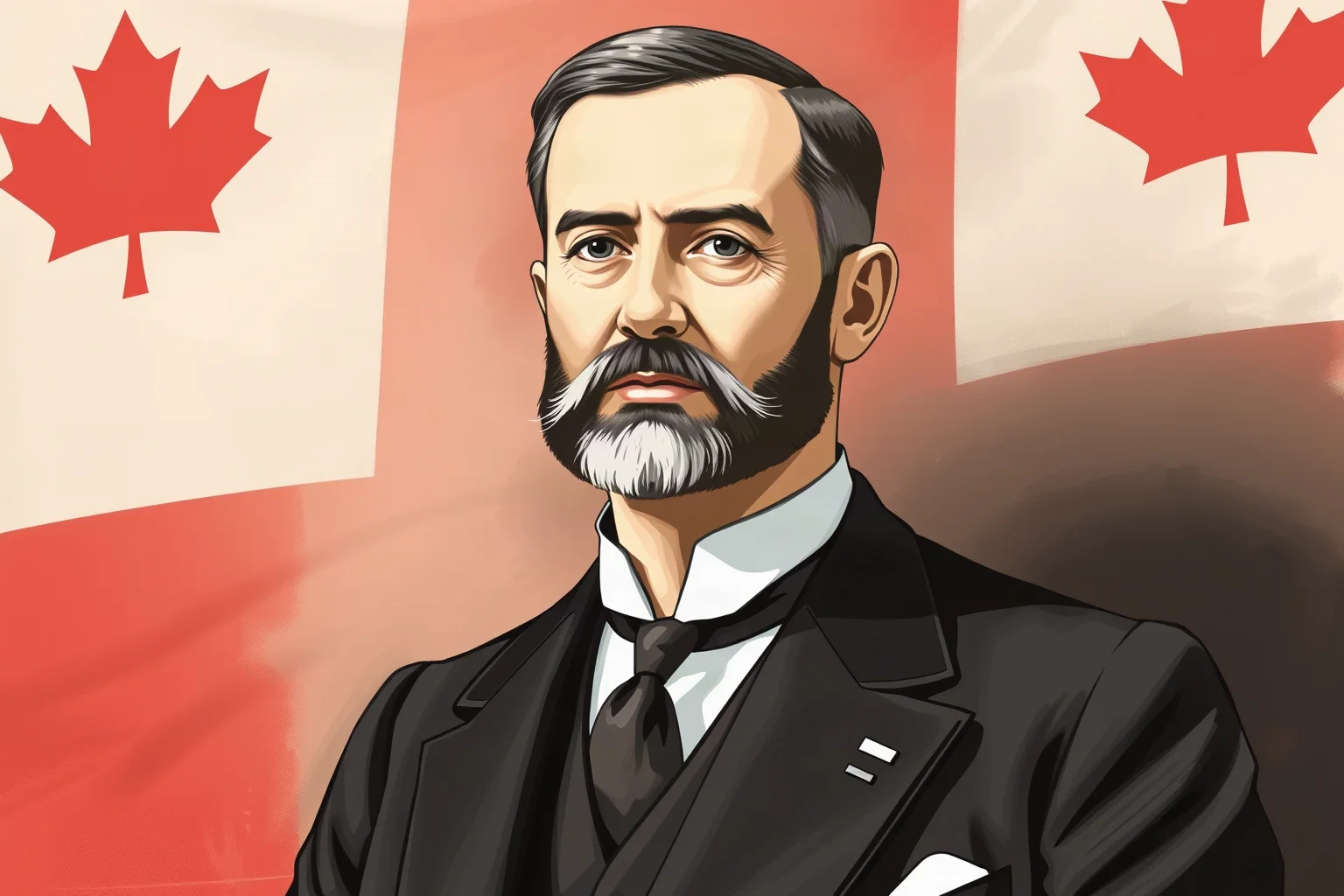 Illustrated portrait of an early 1900s Canadian prime minister in formal suit with a Canadian flag backdrop, painterly style