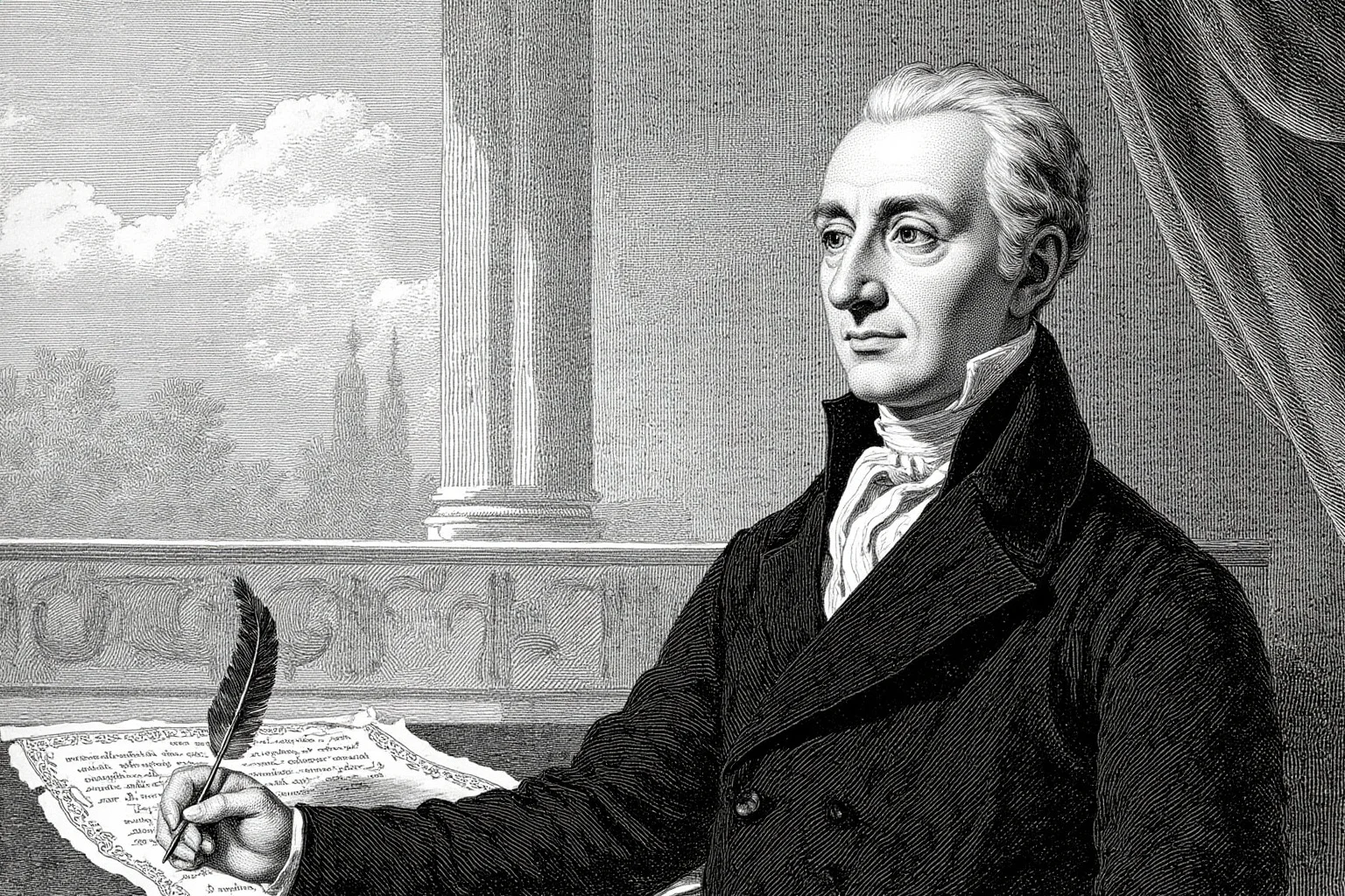 Most Influential US Presidents: A Ranked, Myth-Busting Guide 15 Illustrated portrait of an early 19th-century American statesman holding a quill and parchment, classical architecture in background