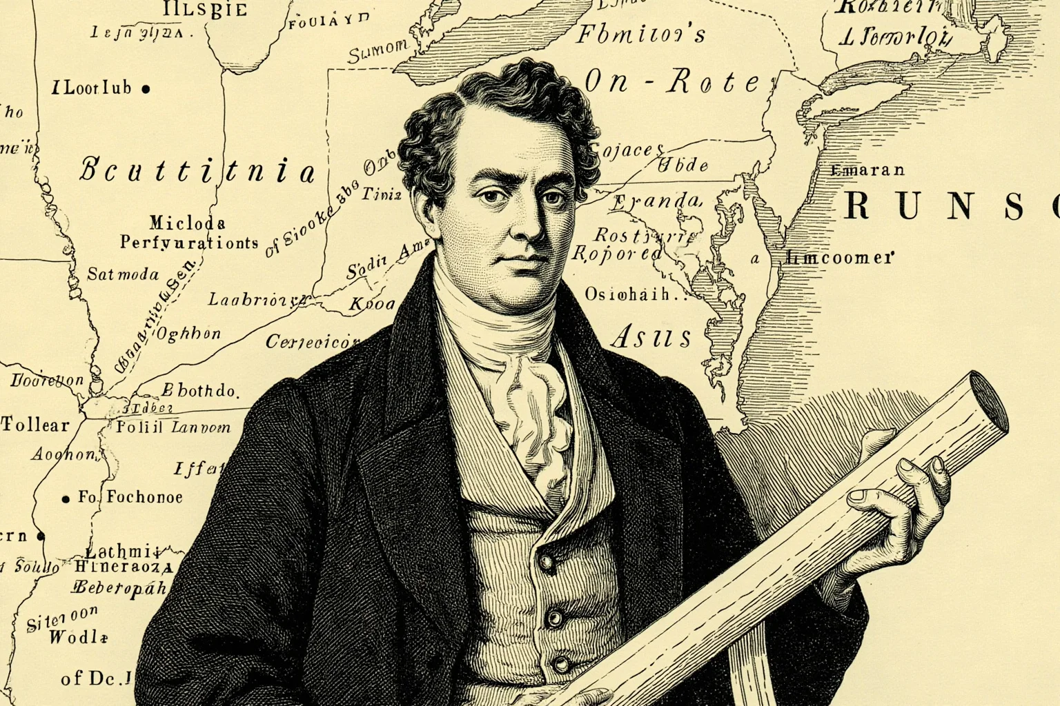 Most Influential US Presidents: A Ranked, Myth-Busting Guide 5 Illustrated portrait of an early 19th-century American statesman holding a rolled document, with a map of expanding territory behind him
