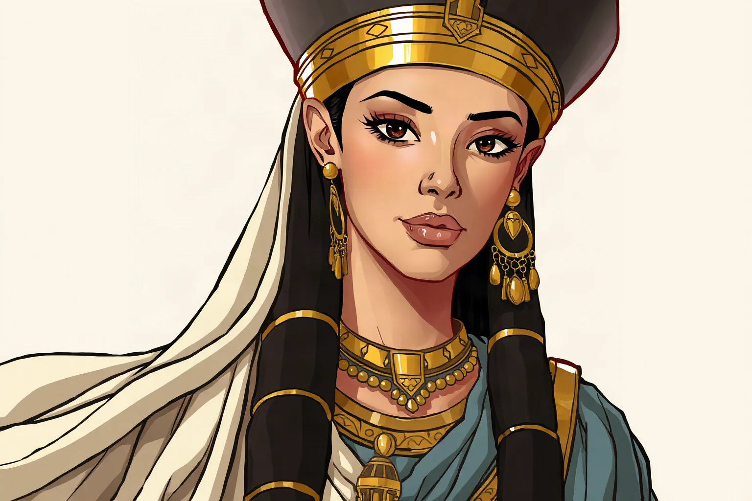 Illustrated portrait of an Egyptian pharaoh queen in flowing linen robes and gold jewelry, styled like ancient tomb art