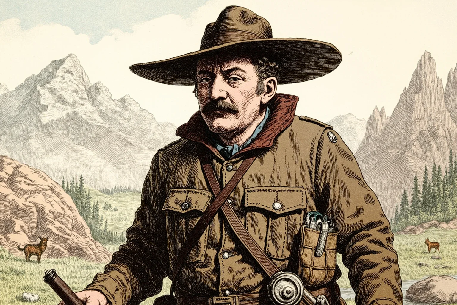 Most Influential US Presidents: A Ranked, Myth-Busting Guide 6 Illustrated portrait of an energetic early 1900s American president in outdoor explorer attire, with mountains and wildlife in background
