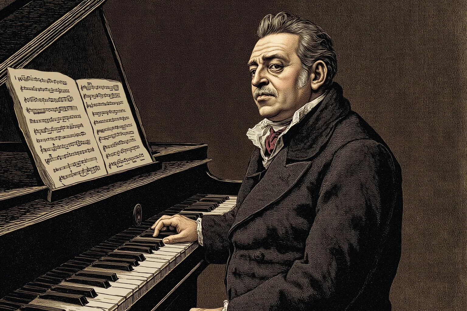 Illustrated portrait-style image of a stocky 19th-century composer at a piano, intense expression, Romantic-era clothing