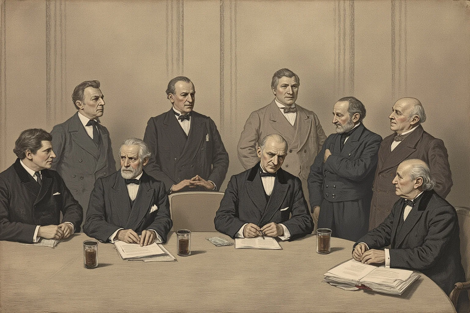 Best Nonfiction Books About WWI: The 25 Best WWI and WWII Reads 4 Illustrated portrait-style scene of European diplomats at a negotiating table, muted tones
