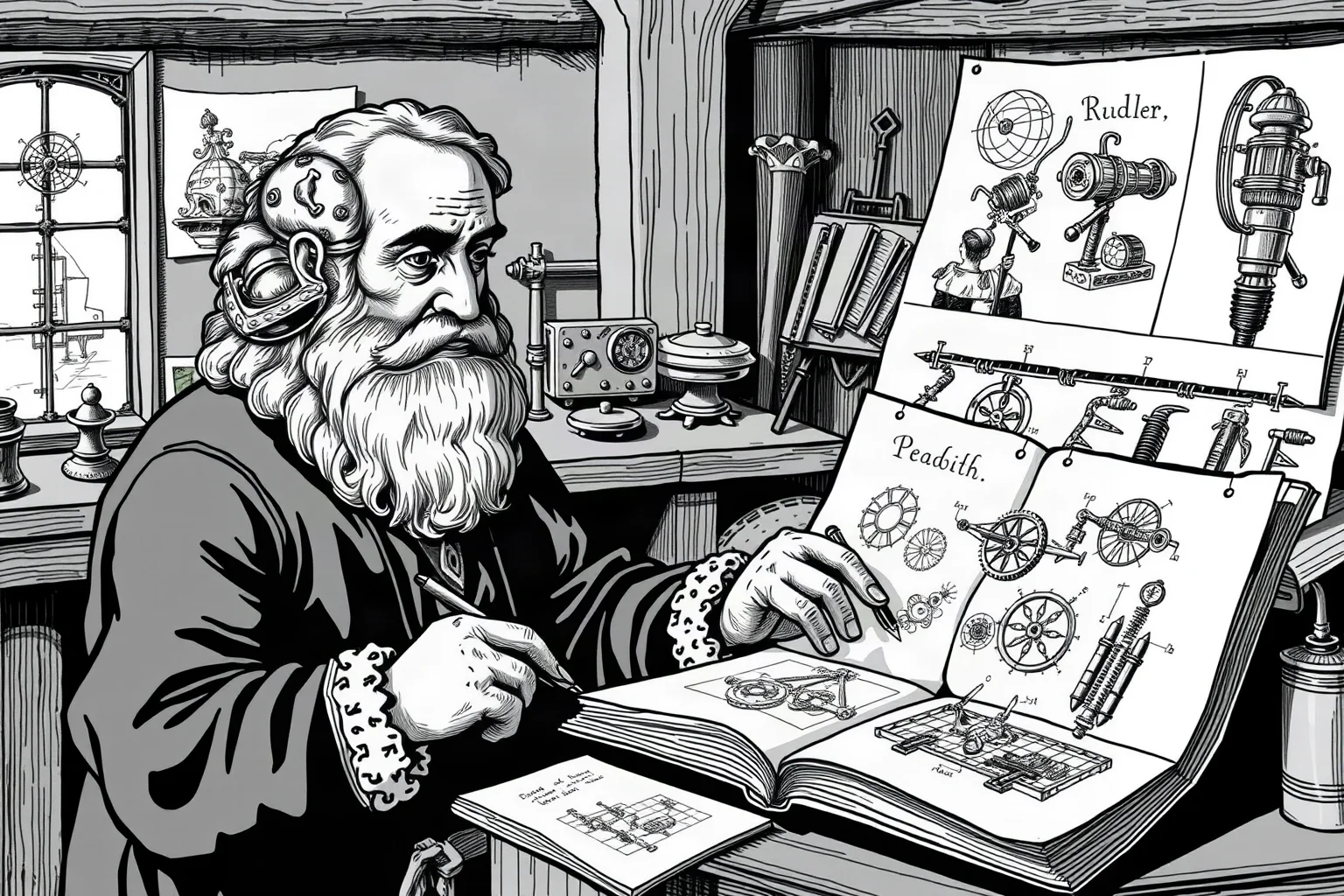Illustrated Renaissance-era inventor and painter sketching mechanical designs in a notebook, workshop setting