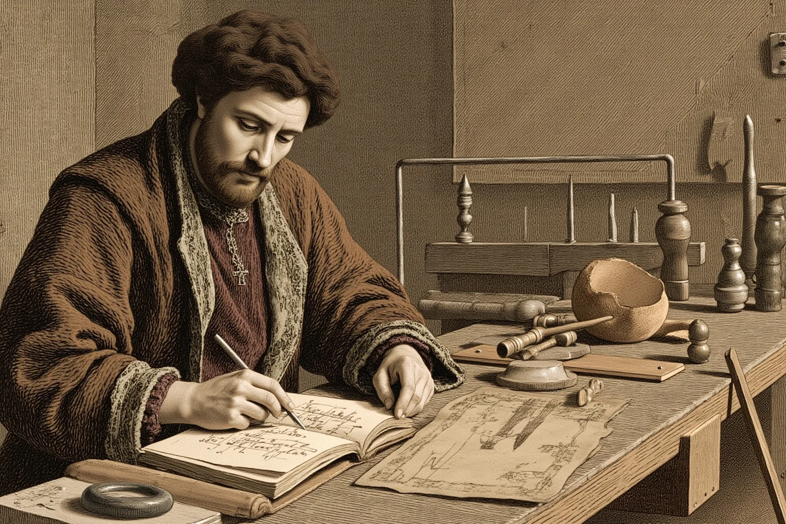 25 Vintage Baby Names Inspired by Historical Figures 11 Illustrated Renaissance inventor and artist sketching in a notebook, workshop full of tools and drawings