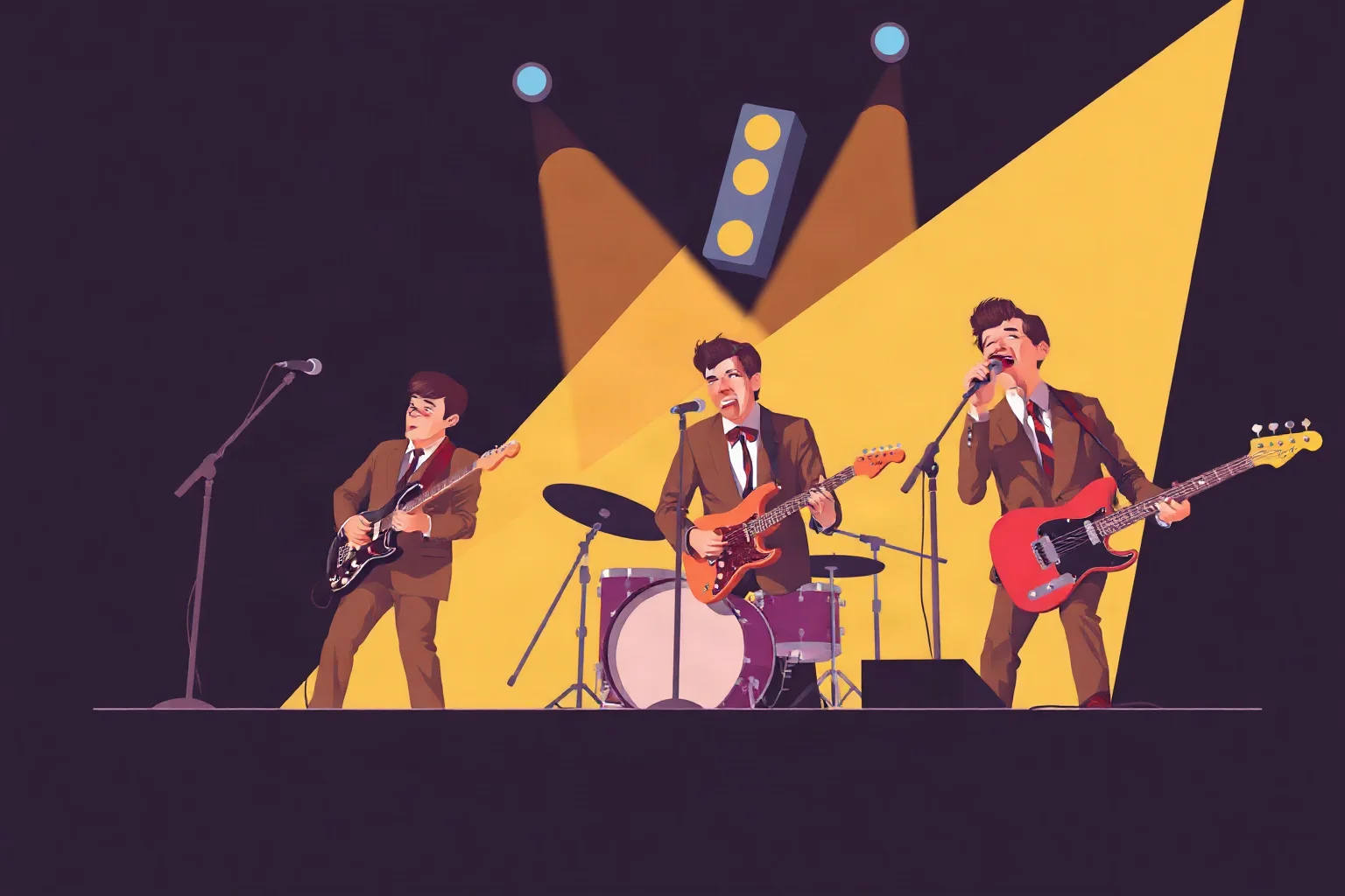 Illustrated retro poster of a four-piece rock band performing on stage with mop-top haircuts and matching suits, 1960s concert poster art style