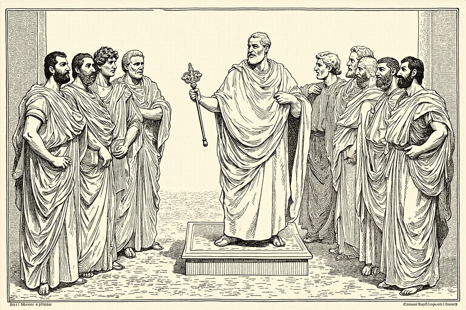 Illustrated Roman emperor in a toga standing on a small raised platform beside taller senators, ancient Rome setting, editorial illustration style