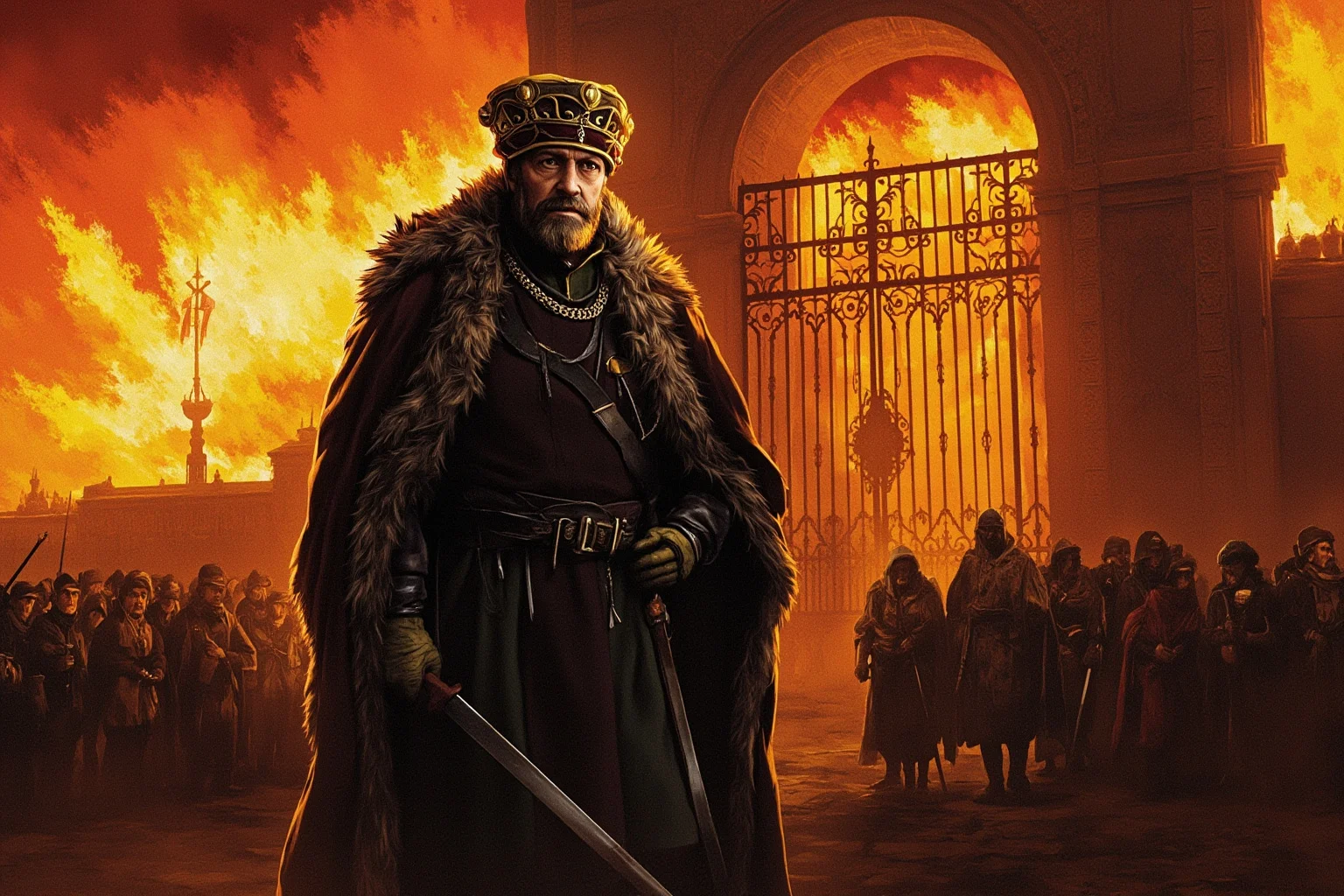 Historical Villains Who Were Actually Heroes 10 Illustrated Russian tsar in furred robes standing before a burning city gate, somber historical painting style